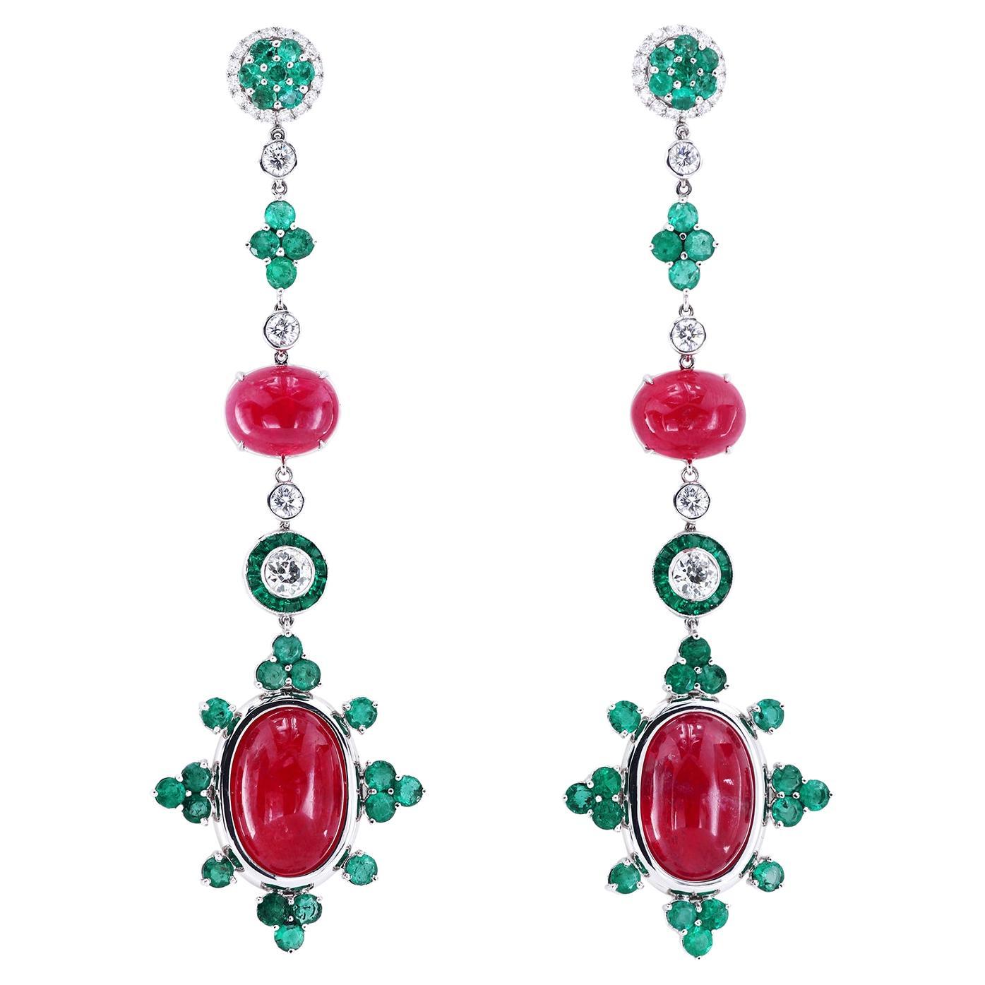 Leon Mege platinum drop earrings with Rhodonites, emeralds and diamonds