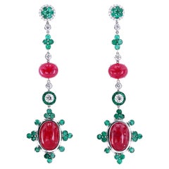 Leon Mege platinum drop earrings with Rhodonites, emeralds and diamonds