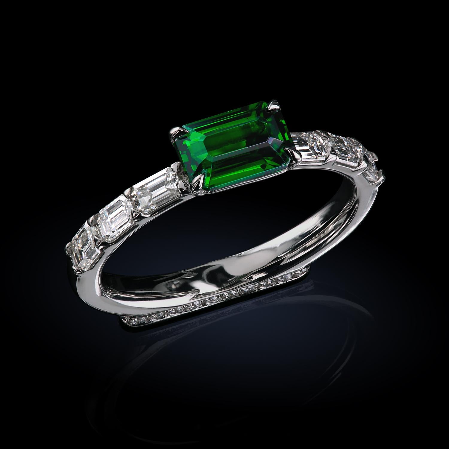 Women's Leon Mege Platinum East-West Ring with 1.00-carat Emerald Cut Tsavorite  For Sale