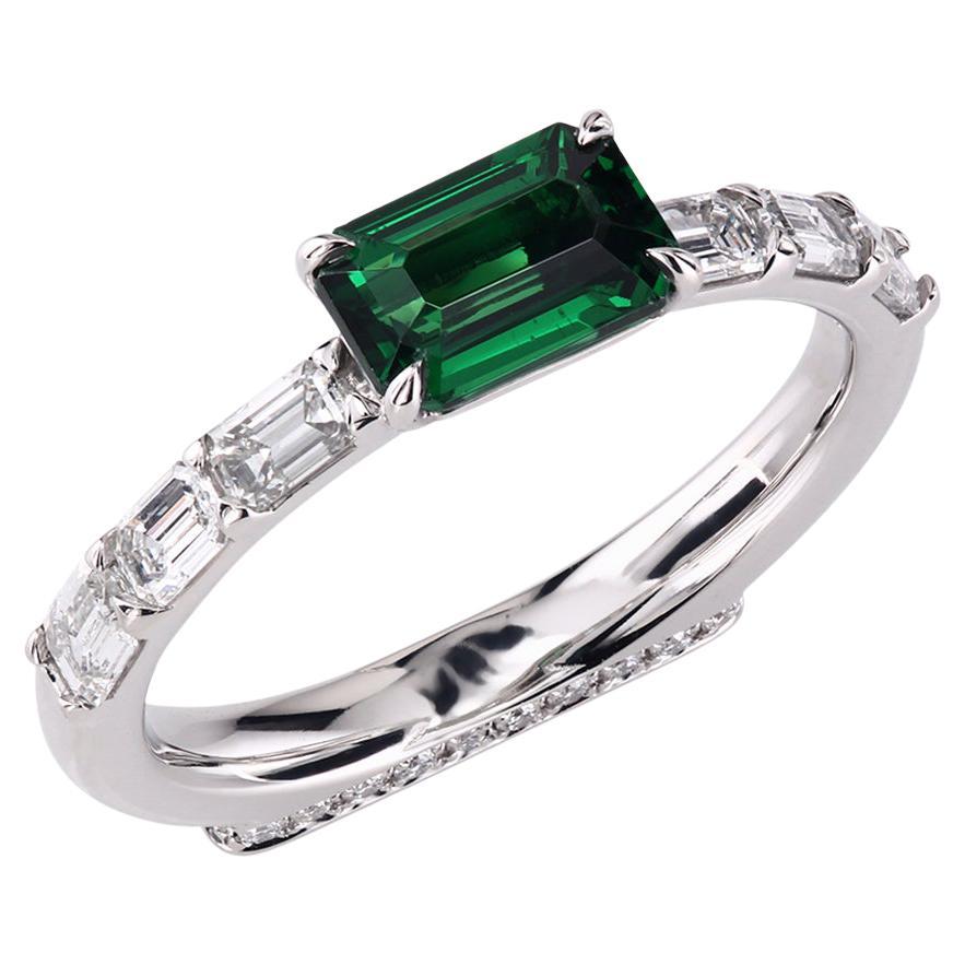 Leon Mege Platinum East-West Ring with 1.00-carat Emerald Cut Tsavorite  For Sale