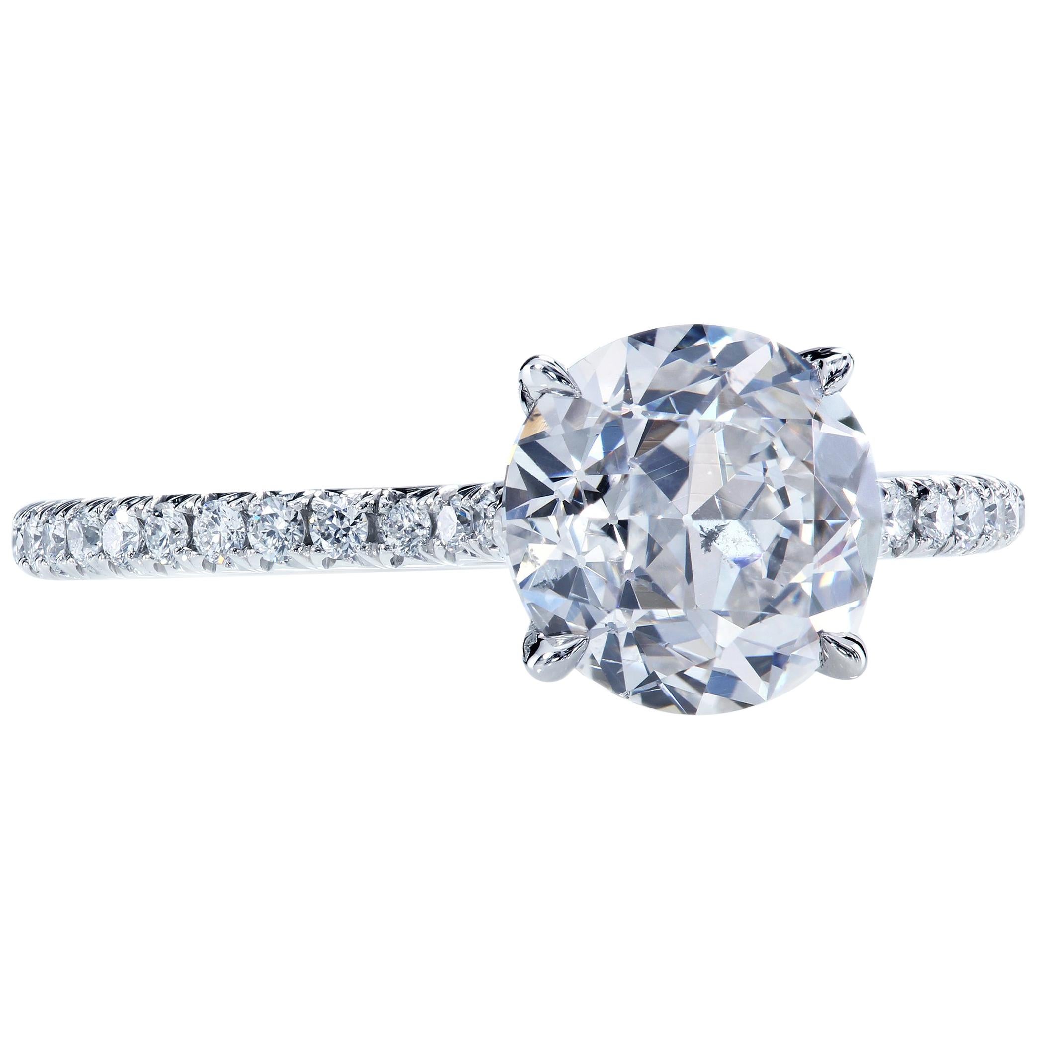 Chic solitaire with a mesmerizing 1.66-carat Old European diamond on micro pave shank, so thin and delicate the stone seems to float in the thin air. The single claw prongs securely hold the stone without blocking its majestic beauty.

Finger size: