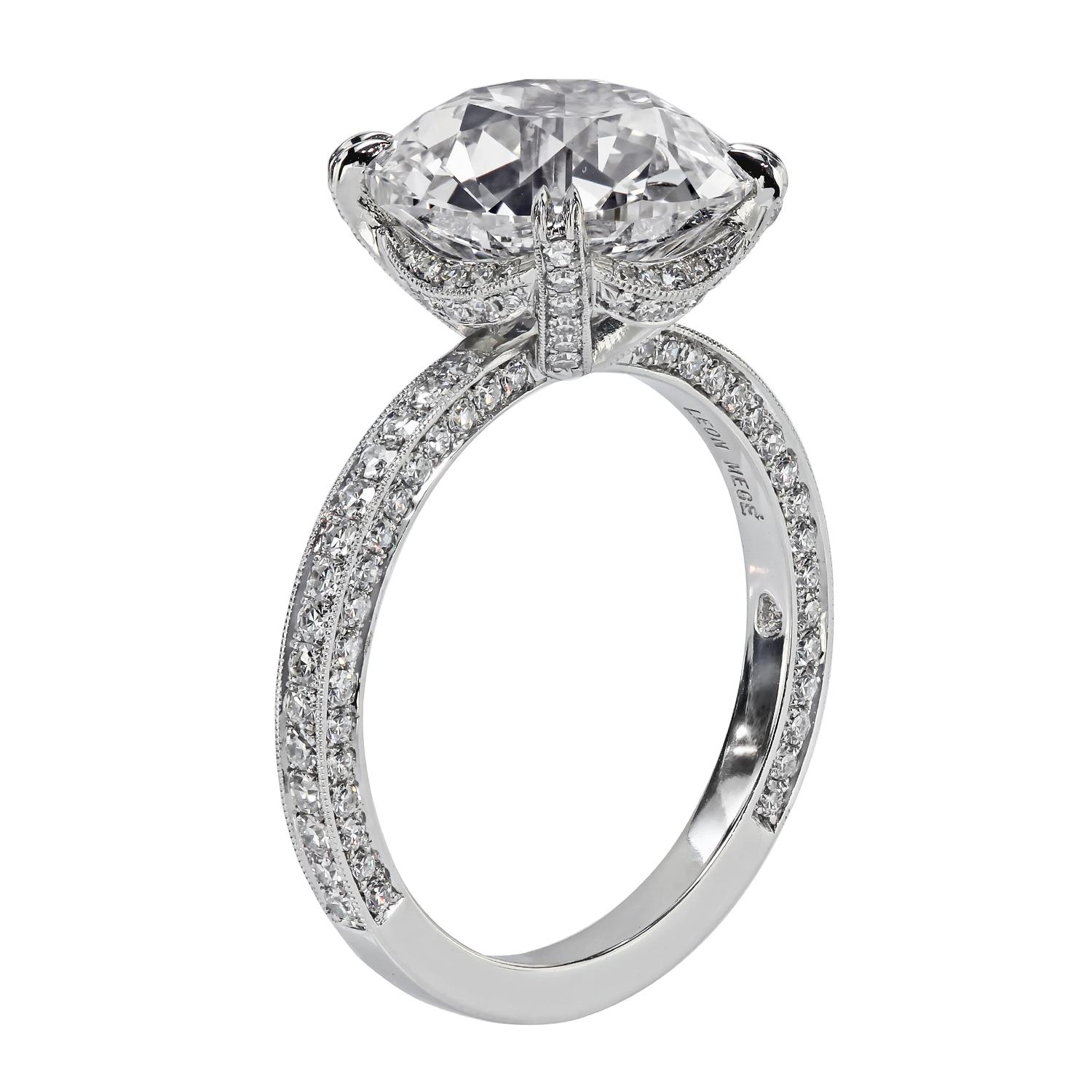 Contemporain Leon Mege Bague de fiançailles en platine avec un diamant certifié OEC de 3,70 carats. en vente