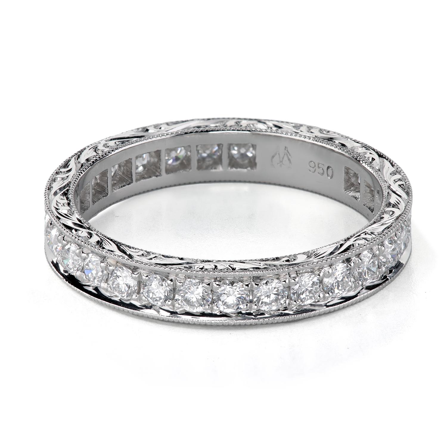 Art Deco style Leon Megé exquisite 101™ wedding band with eternity-set ideal-cut diamonds.

Decorative engraving is done by hand
Hand-pierced ajour
Bright-cut diamond pave
Millgrain edge