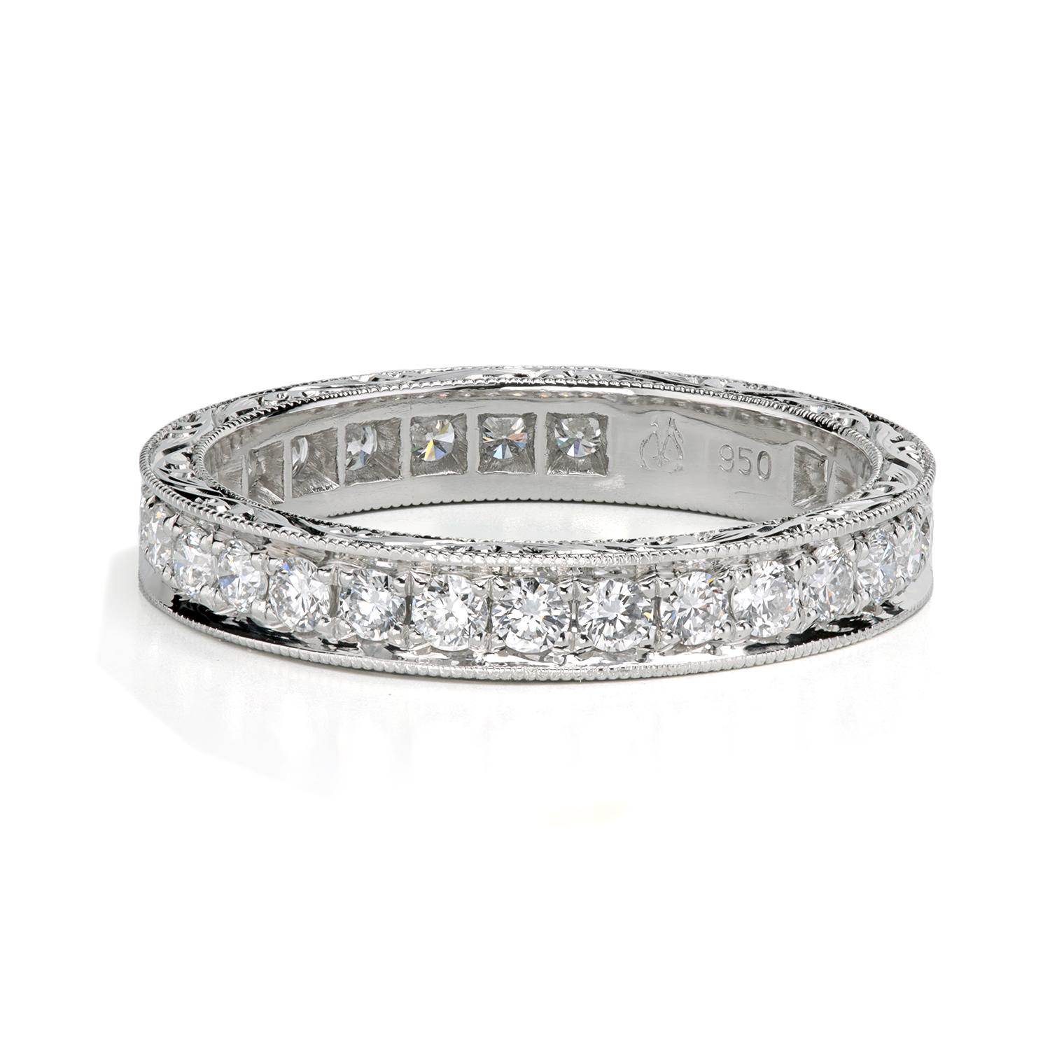 Contemporary Leon Megé Platinum Eternity Hand-Engraved Wedding Band Set with Natural Diamonds For Sale