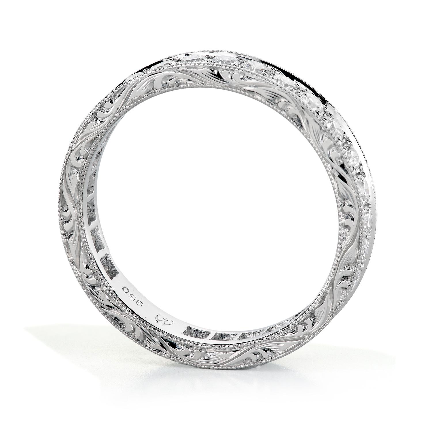 Round Cut Leon Megé Platinum Eternity Hand-Engraved Wedding Band Set with Natural Diamonds For Sale