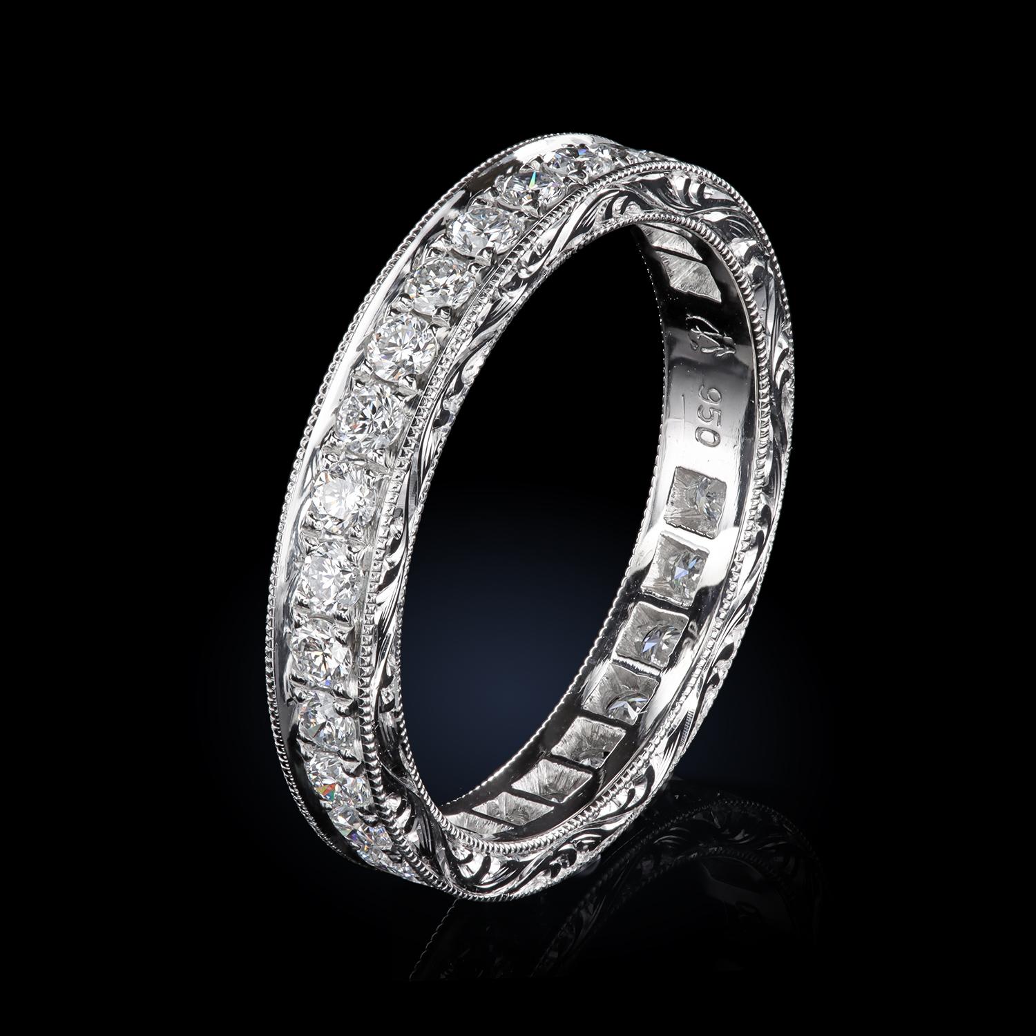 Leon Megé Platinum Eternity Hand-Engraved Wedding Band Set with Natural Diamonds In New Condition For Sale In New York, NY