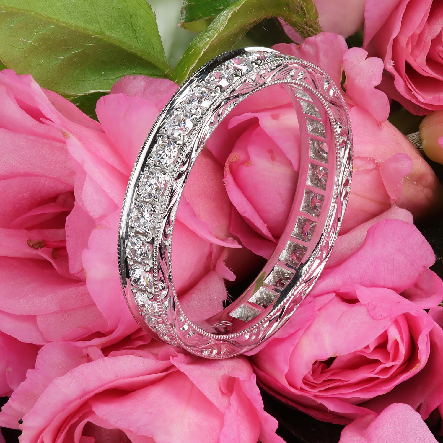 Women's Leon Megé Platinum Eternity Hand-Engraved Wedding Band Set with Natural Diamonds For Sale