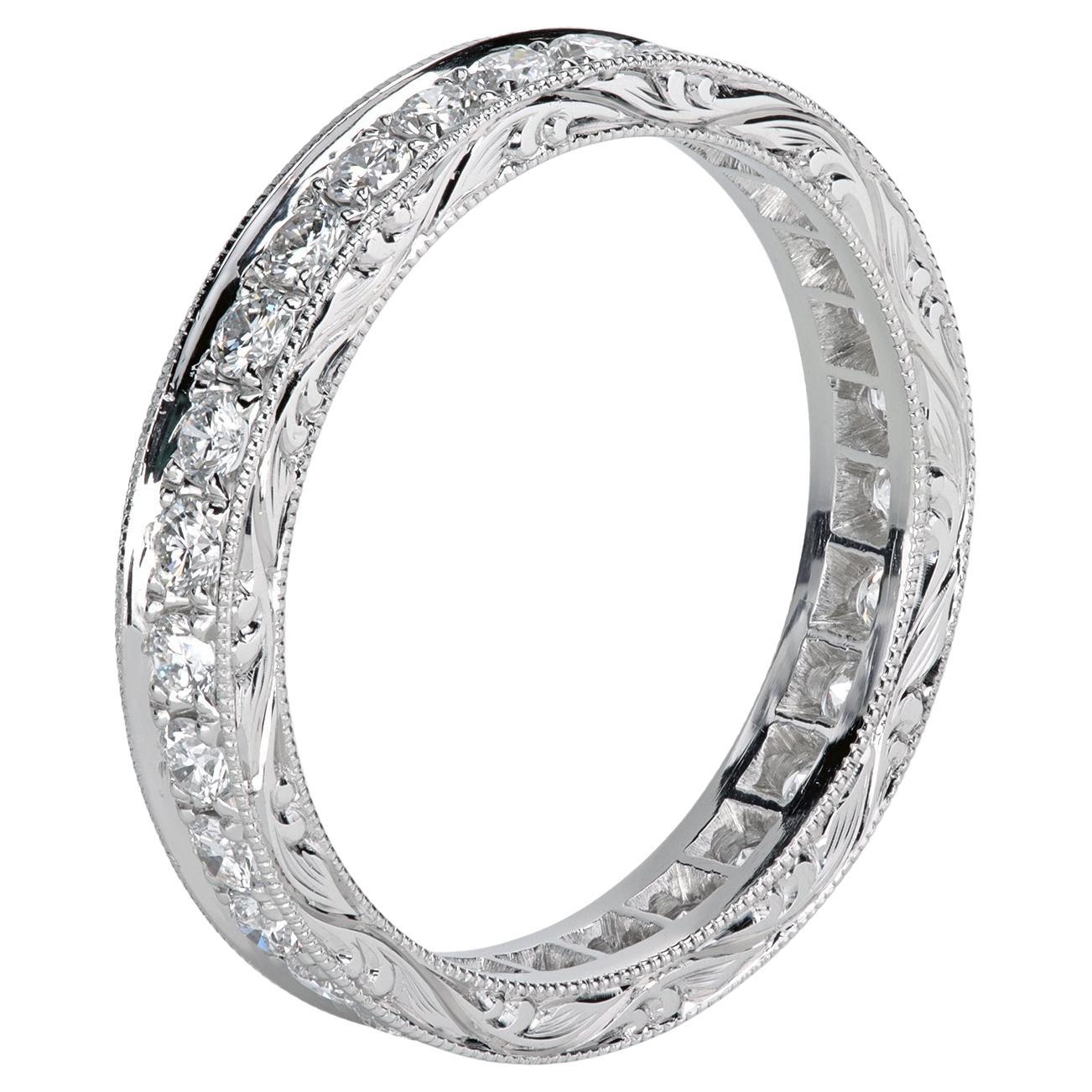 Leon Megé Platinum Eternity Hand-Engraved Wedding Band Set with Natural Diamonds For Sale