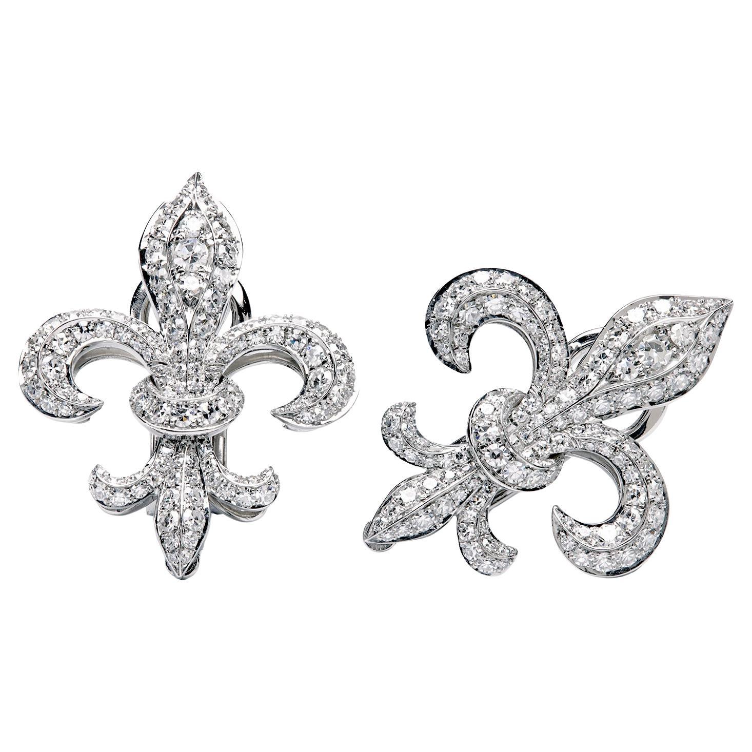 Leon Mege Platinum Fleur-De-Lis Diamond Ear Clips en vente