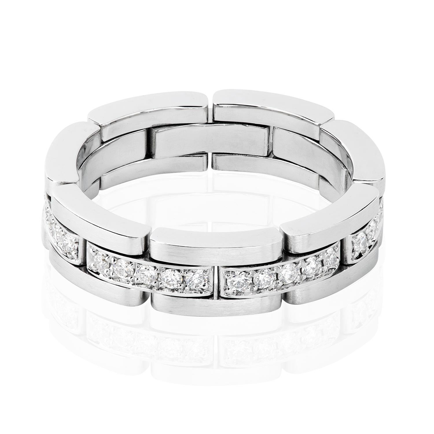 Leon Megé hinged wedding band is made from Rolex-grade platinum encrusted with dazzling diamonds. Each joint is completely flexible and moves independently, providing a silky smooth feel.

35 full-cut natural diamonds F/VS 0.55 carats
The band is
