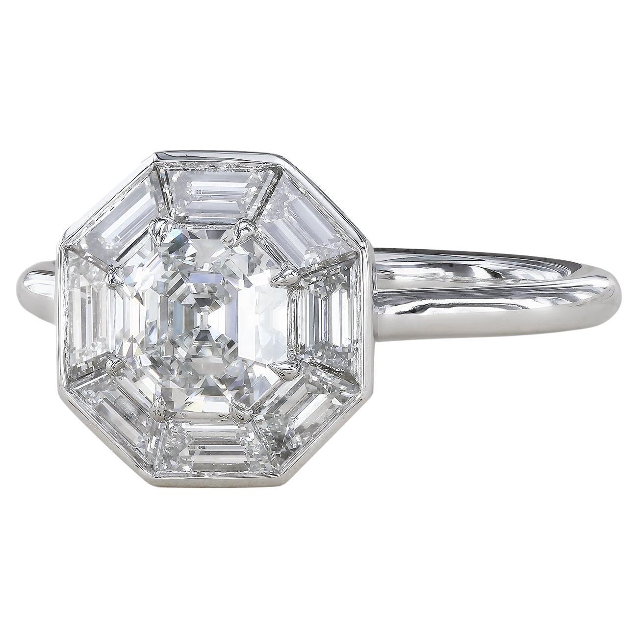 Leon Mege platinum ring solitaire with certified 1.83 ct Asscher cut diamond  For Sale