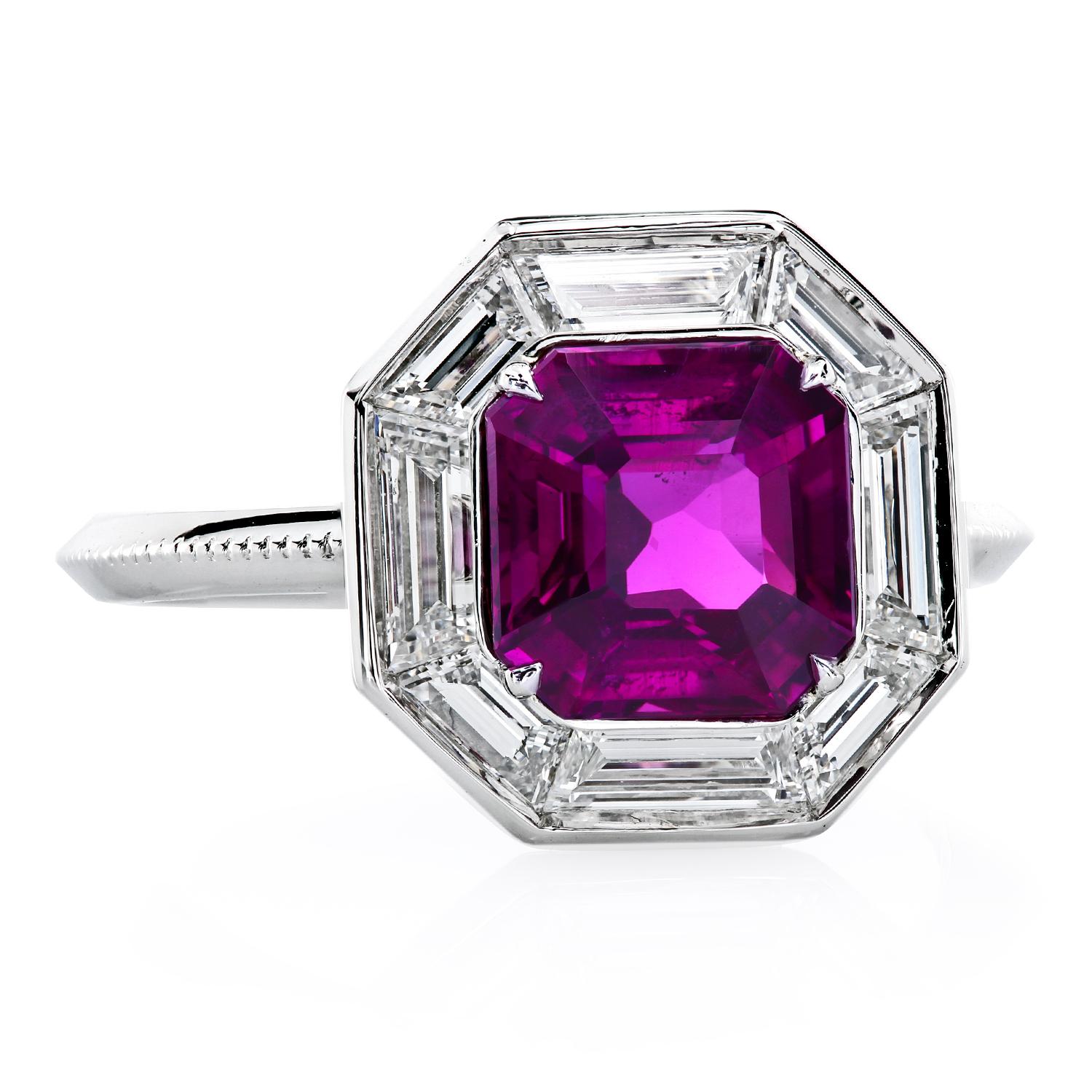 A stunning piece of luxury, one-of-a-kind platinum ring with a 2.27-carat vivid-pink sapphire, the embodiment of love and protection. The Asscher cut sapphire accompanied by GIA report #5161149243 is a crystal-clear beautifully faceted gem framed