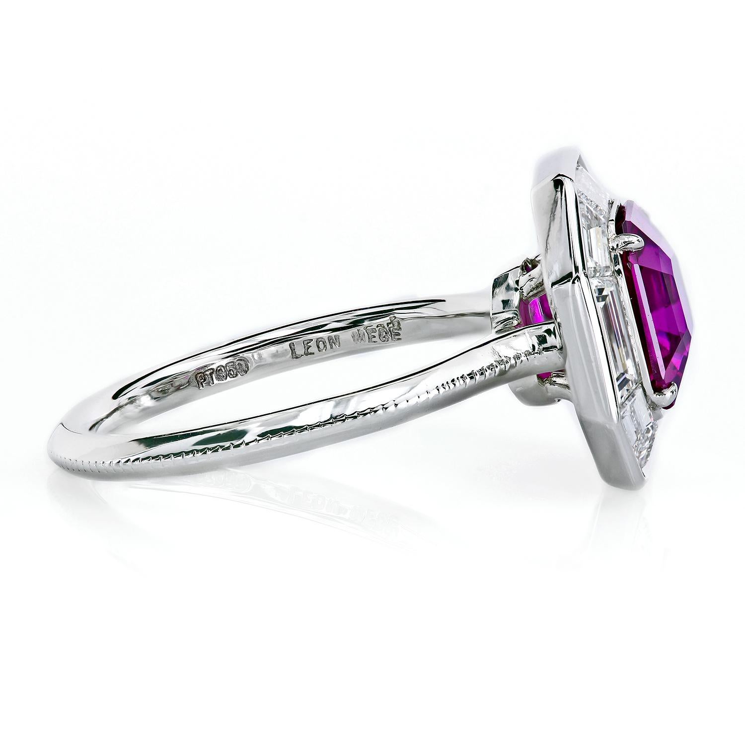 Contemporary Leon Mege platinum ring with natural hot-pink sapphire and diamond daguettes For Sale