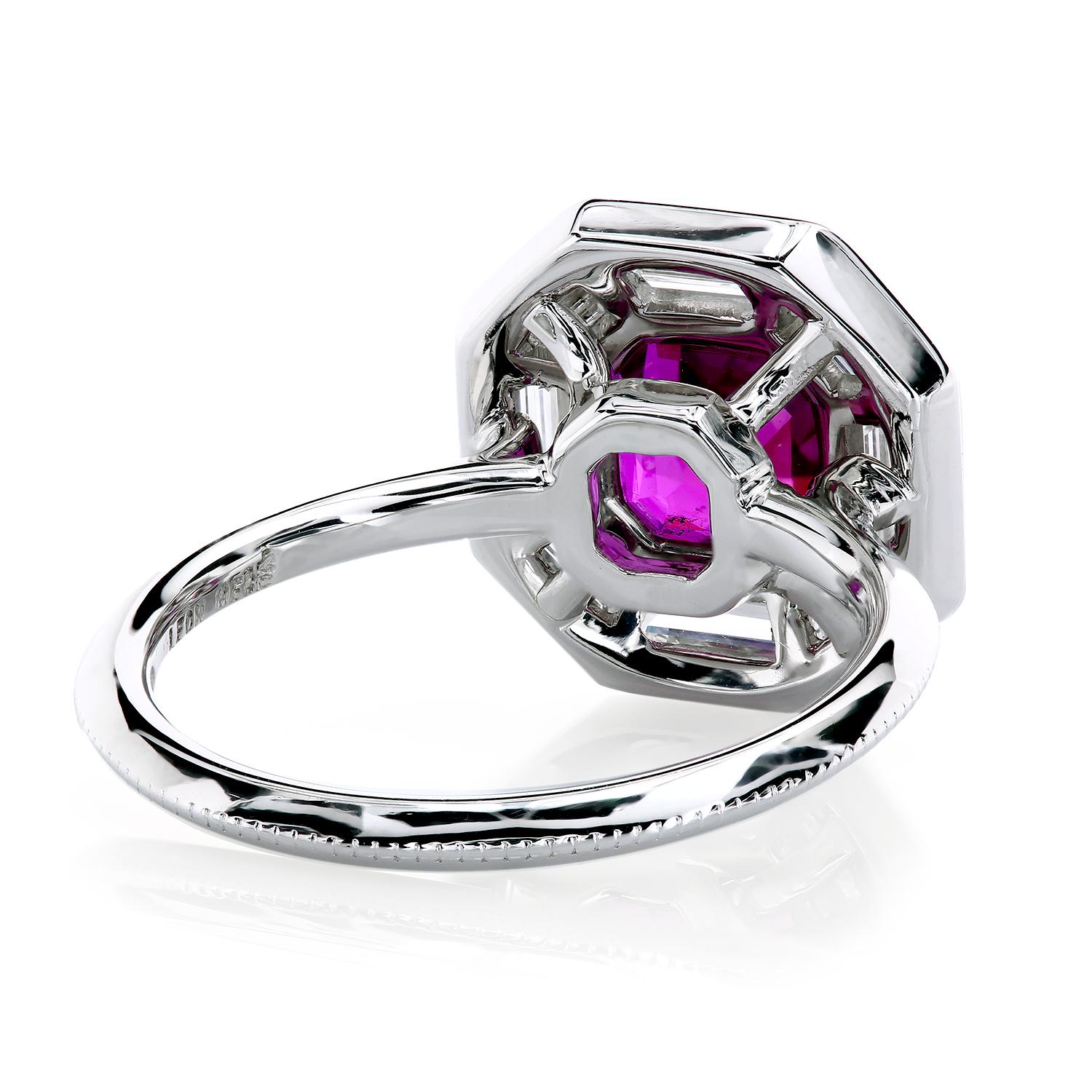Asscher Cut Leon Mege platinum ring with natural hot-pink sapphire and diamond daguettes For Sale