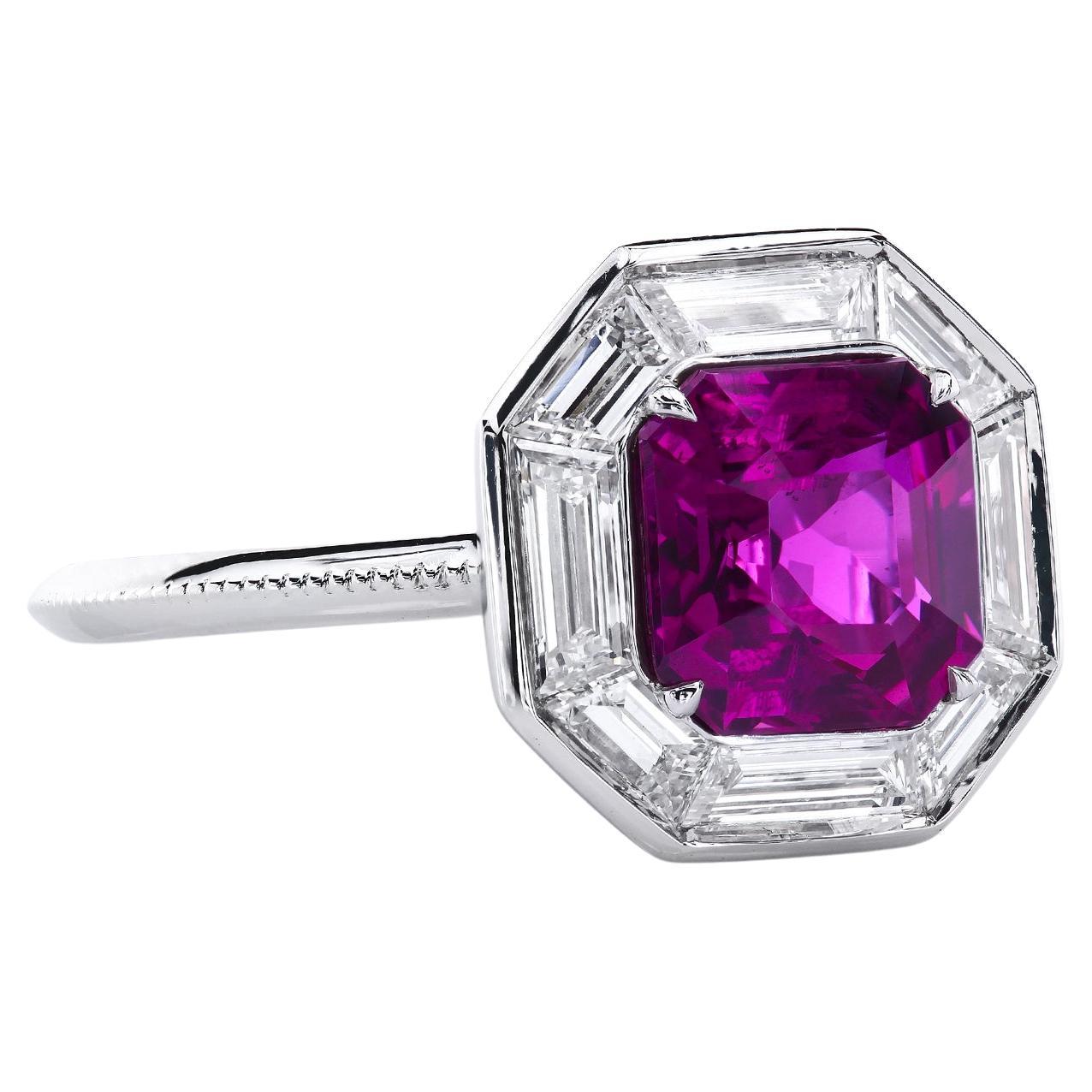Leon Mege platinum ring with natural hot-pink sapphire and diamond daguettes For Sale