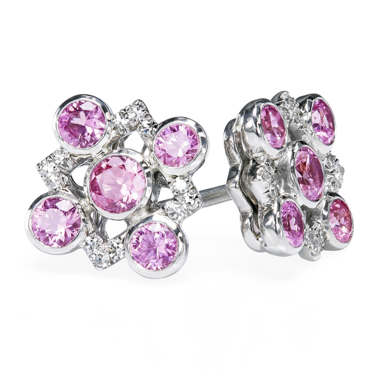 Leon Mege Platin-Ohrstecker mit natürlichen rosa Saphiren und Diamanten im Einzelschliff (Art déco) im Angebot