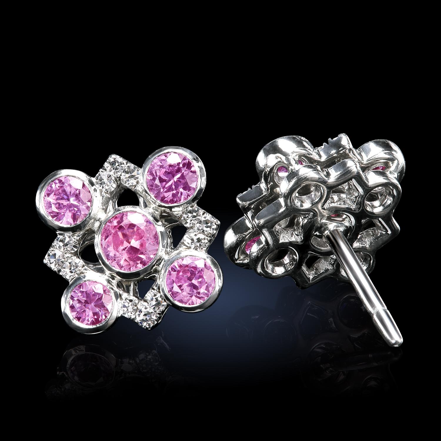 Leon Mege Platin-Ohrstecker mit natürlichen rosa Saphiren und Diamanten im Einzelschliff (Rundschliff) im Angebot