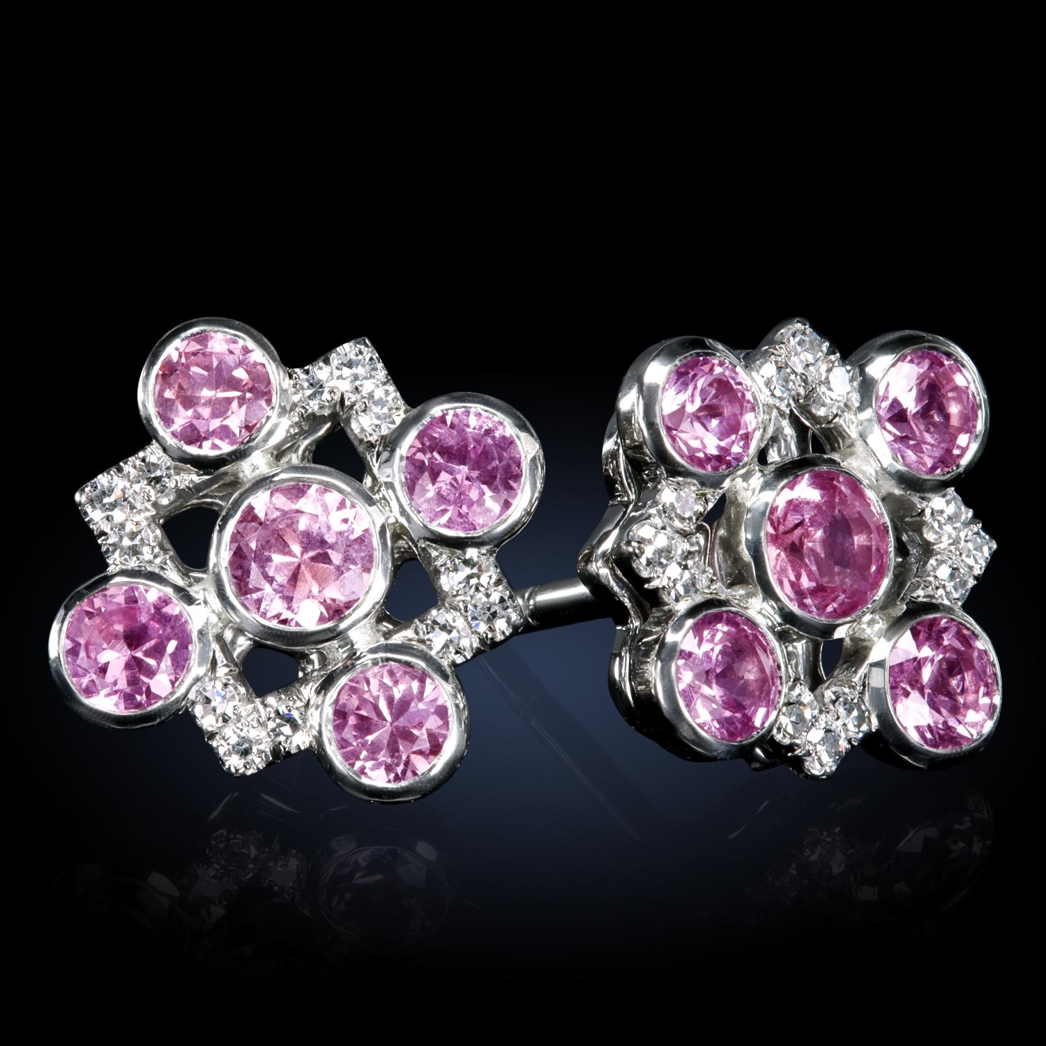 Leon Mege Platin-Ohrstecker mit natürlichen rosa Saphiren und Diamanten im Einzelschliff im Zustand „Neu“ im Angebot in New York, NY
