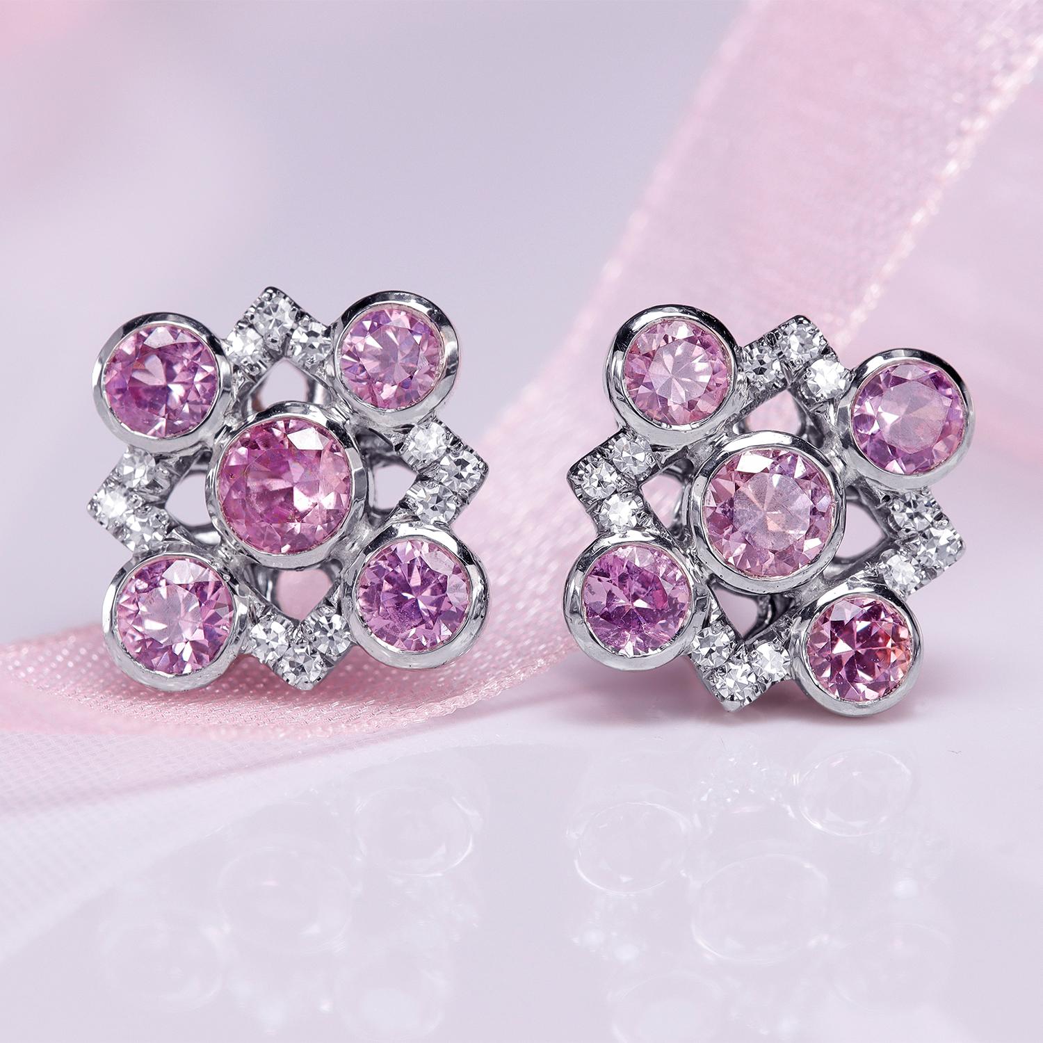 Leon Mege Platin-Ohrstecker mit natürlichen rosa Saphiren und Diamanten im Einzelschliff für Damen oder Herren im Angebot