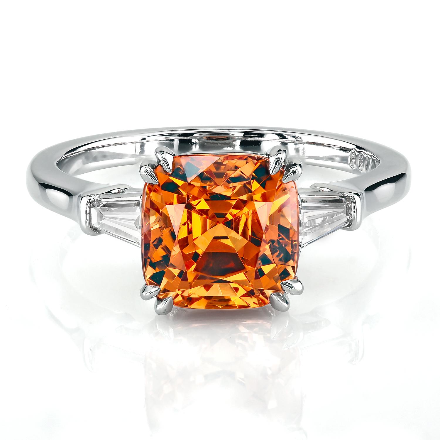 Contemporary Leon Mege Platinum Three-Stone Ring with Mandarin Garnet and Diamond Baguettes For Sale