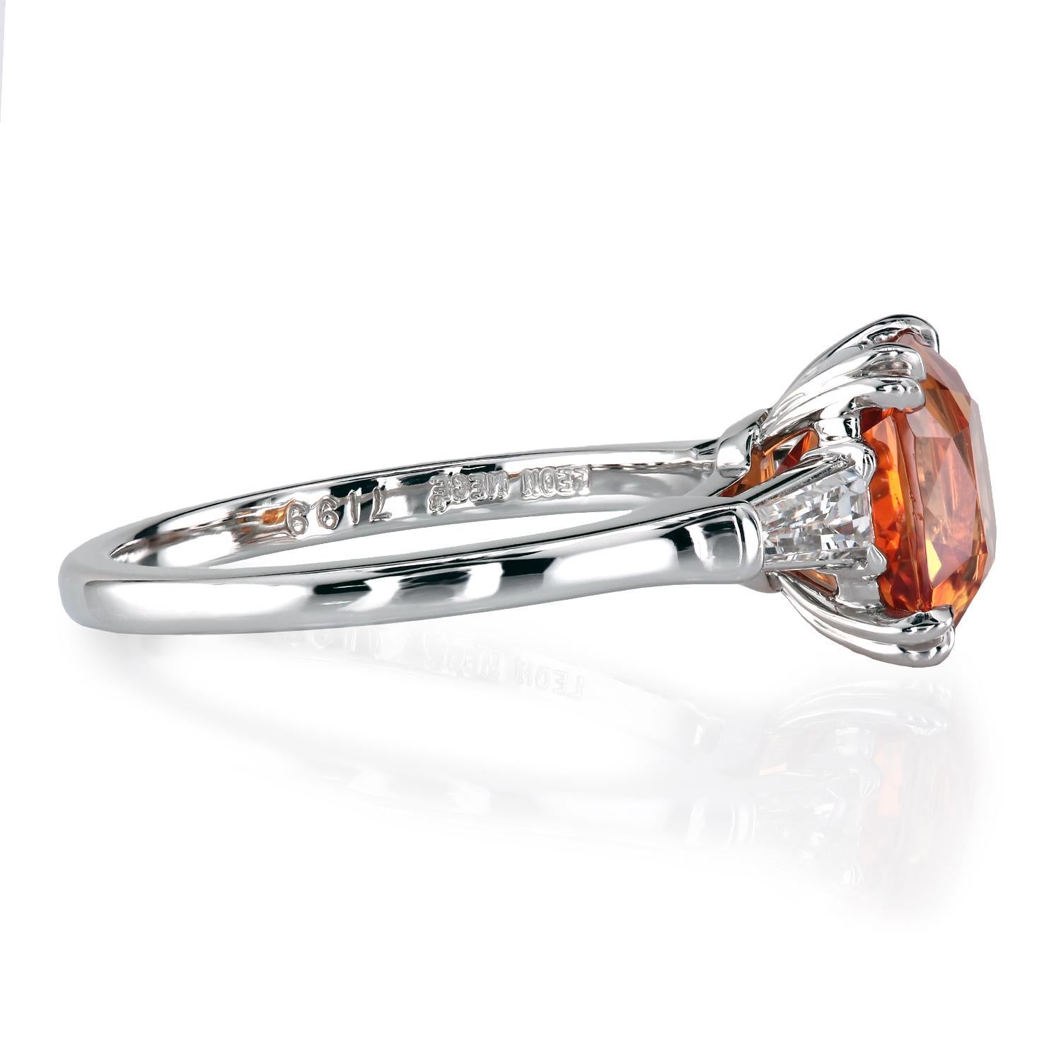 Leon Mege Platinum Three-Stone Ring with Mandarin Garnet and Diamond Baguettes In New Condition For Sale In New York, NY