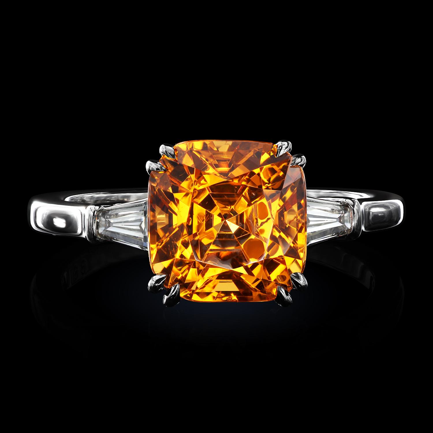 Women's Leon Mege Platinum Three-Stone Ring with Mandarin Garnet and Diamond Baguettes For Sale