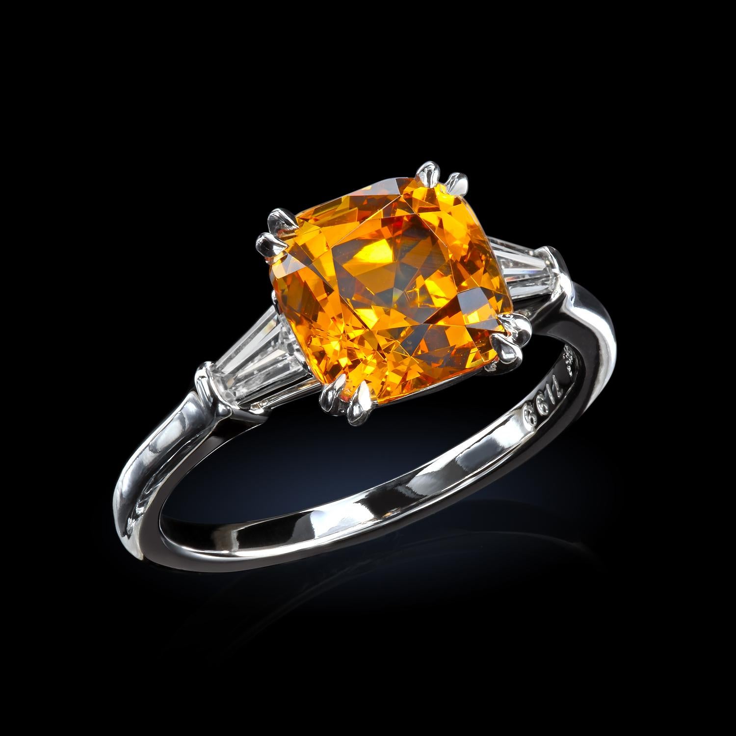 Leon Mege Platinum Three-Stone Ring with Mandarin Garnet and Diamond Baguettes For Sale 1