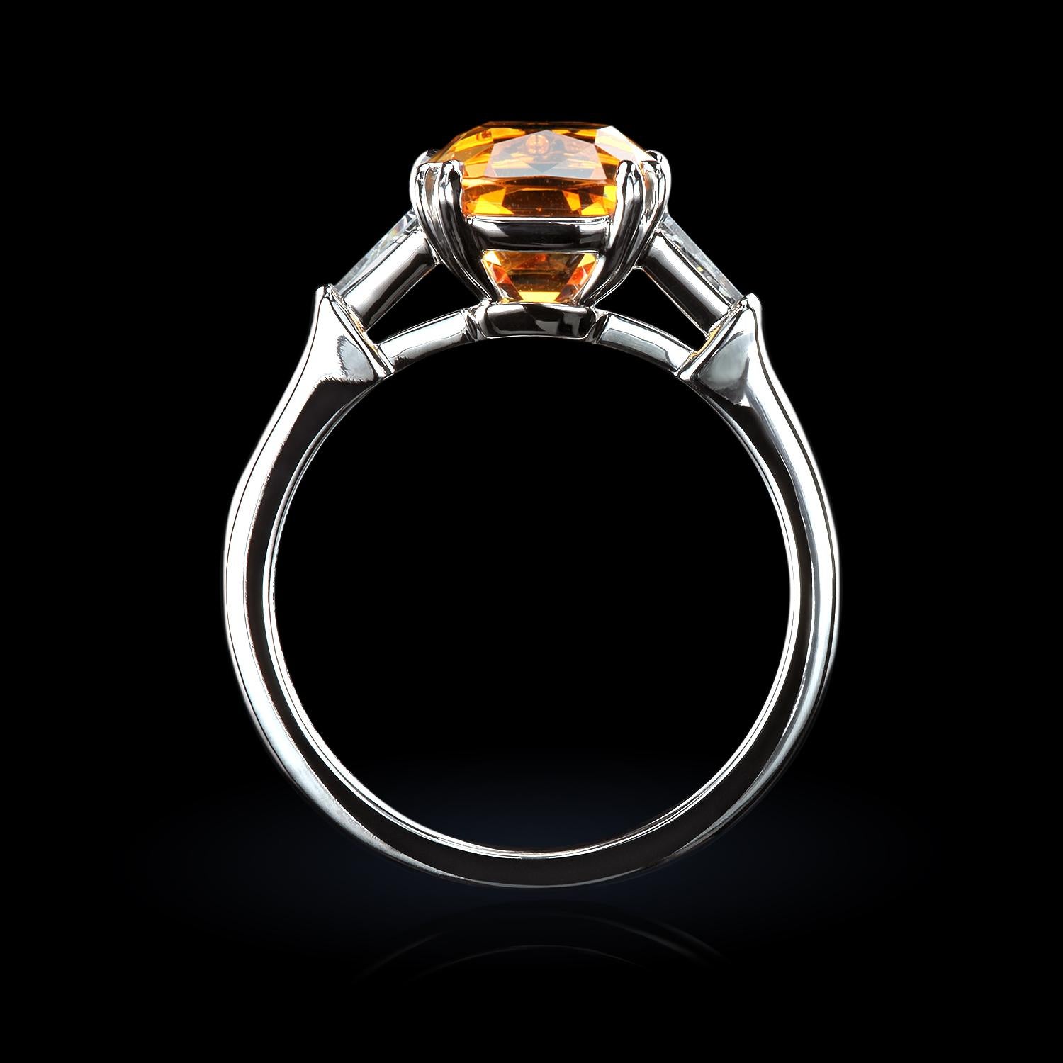 Leon Mege Platinum Three-Stone Ring with Mandarin Garnet and Diamond Baguettes For Sale 2