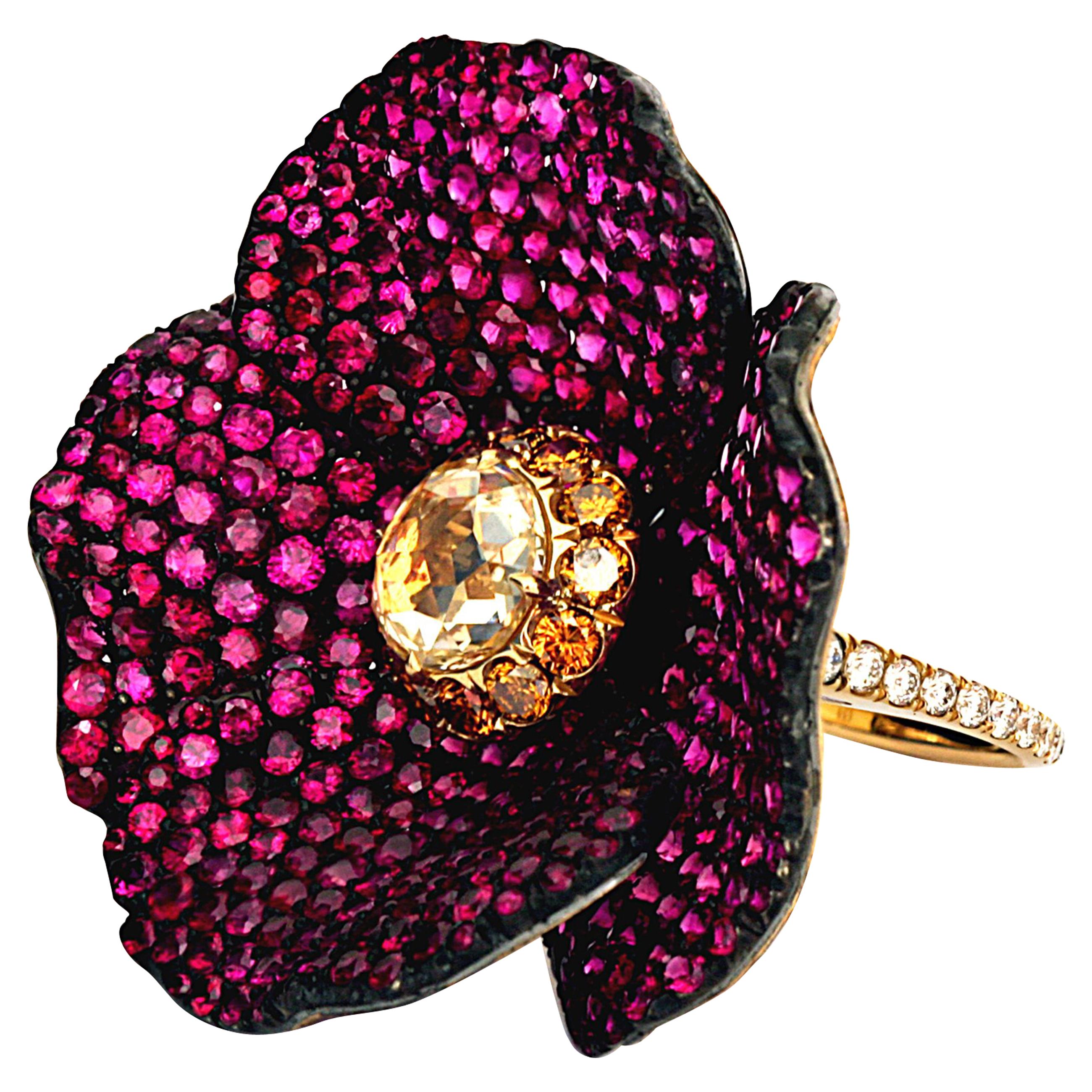 Leon Mege "Poppy Flower" Ring with Rubies and Diamonds For Sale