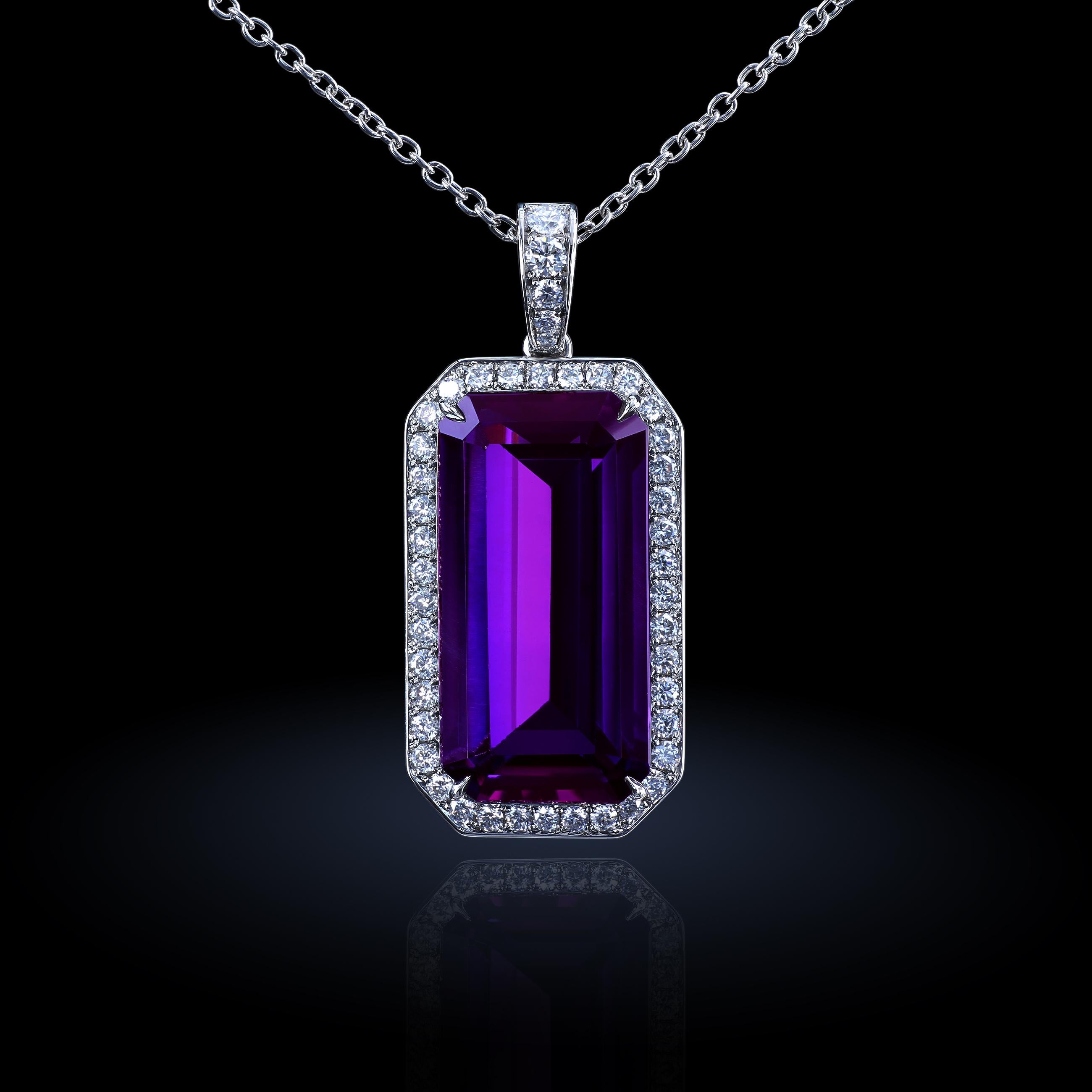 Emerald Cut Leon Mege Rich Purple Amethyst Pendant in Platinum With Diamond Pave