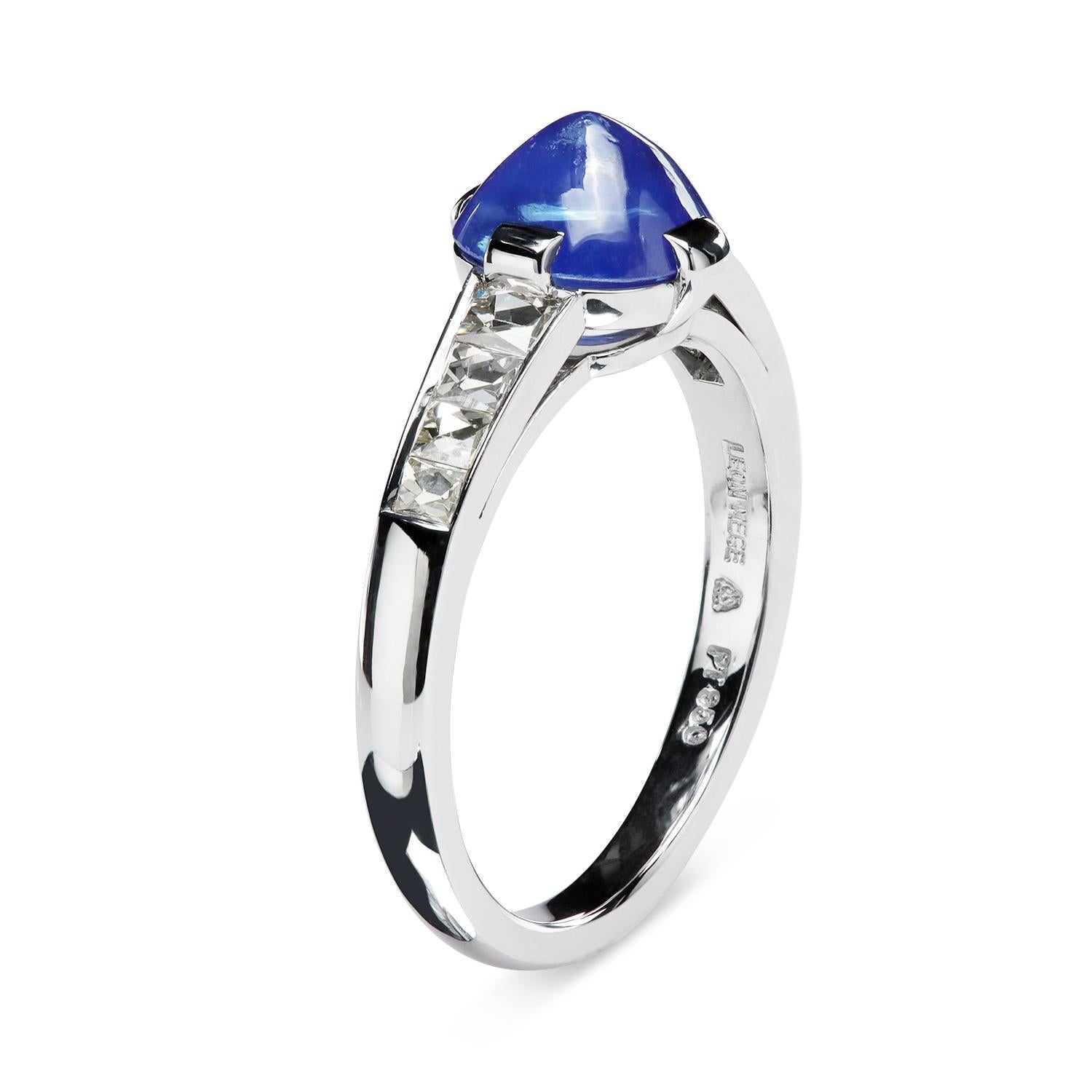 Leon Mege's superb artistry and style are apparent in the vintage-style Art-Deco ring with a dreamy Kashmir sugarloaf cab and channel-set French-cut diamonds.

1.96-carat GRS certified GRS2023-036501 unheated Kashmir sapphire cab
0.38 carats total