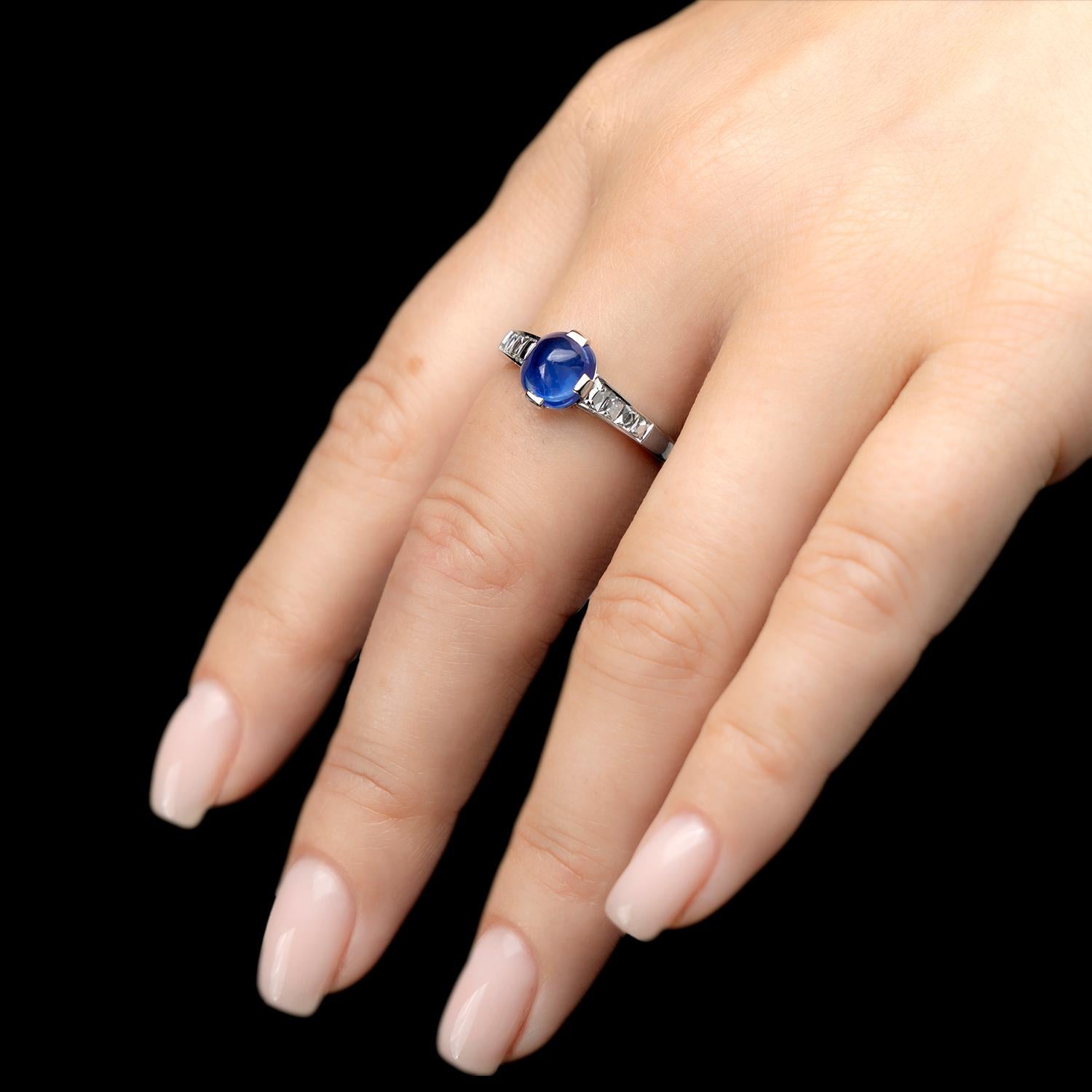Art Deco Leon Mege ring with certified Kahmir sugarloaf sapphire and French cut diamonds For Sale