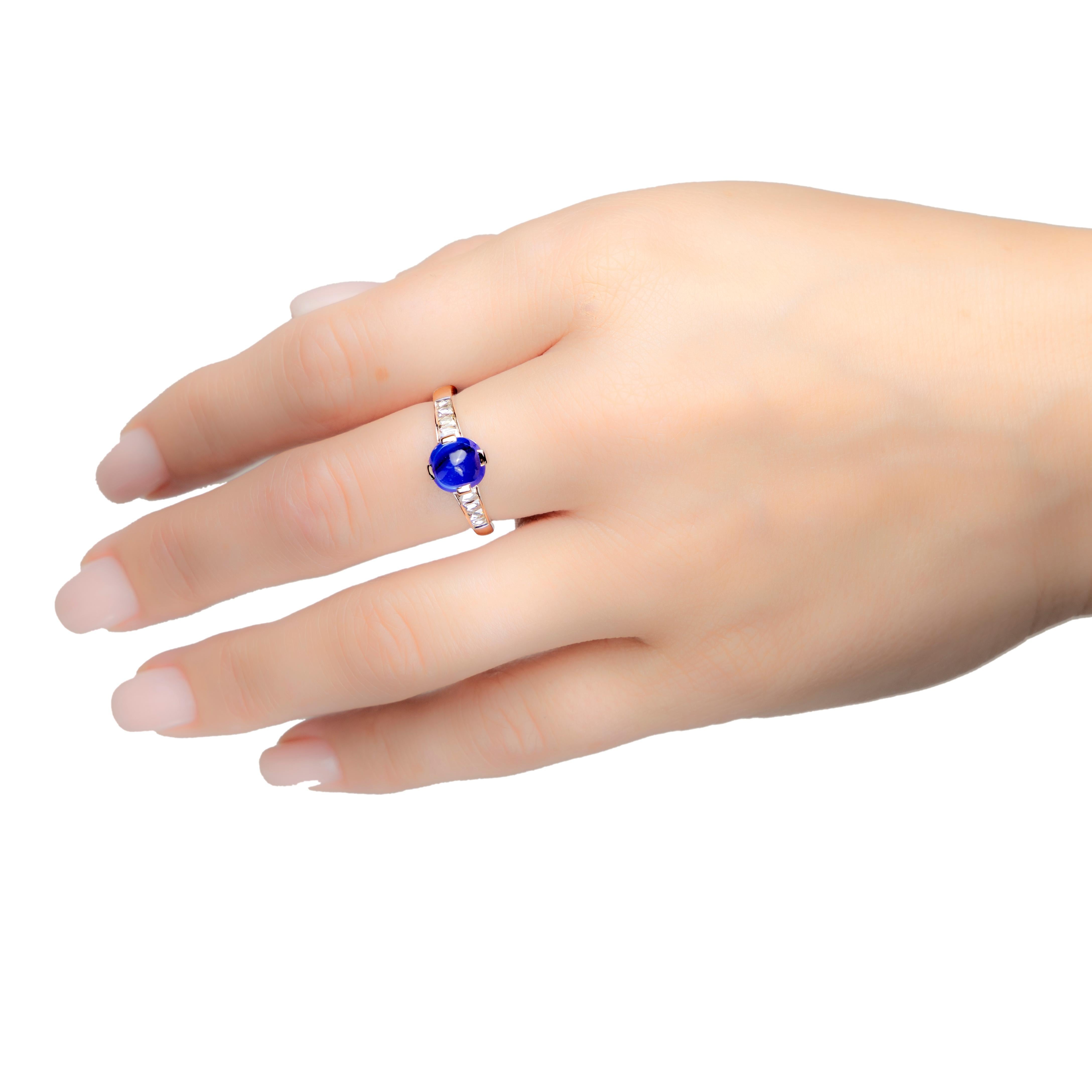 Sugarloaf Cabochon Leon Mege ring with certified Kahmir sugarloaf sapphire and French cut diamonds For Sale