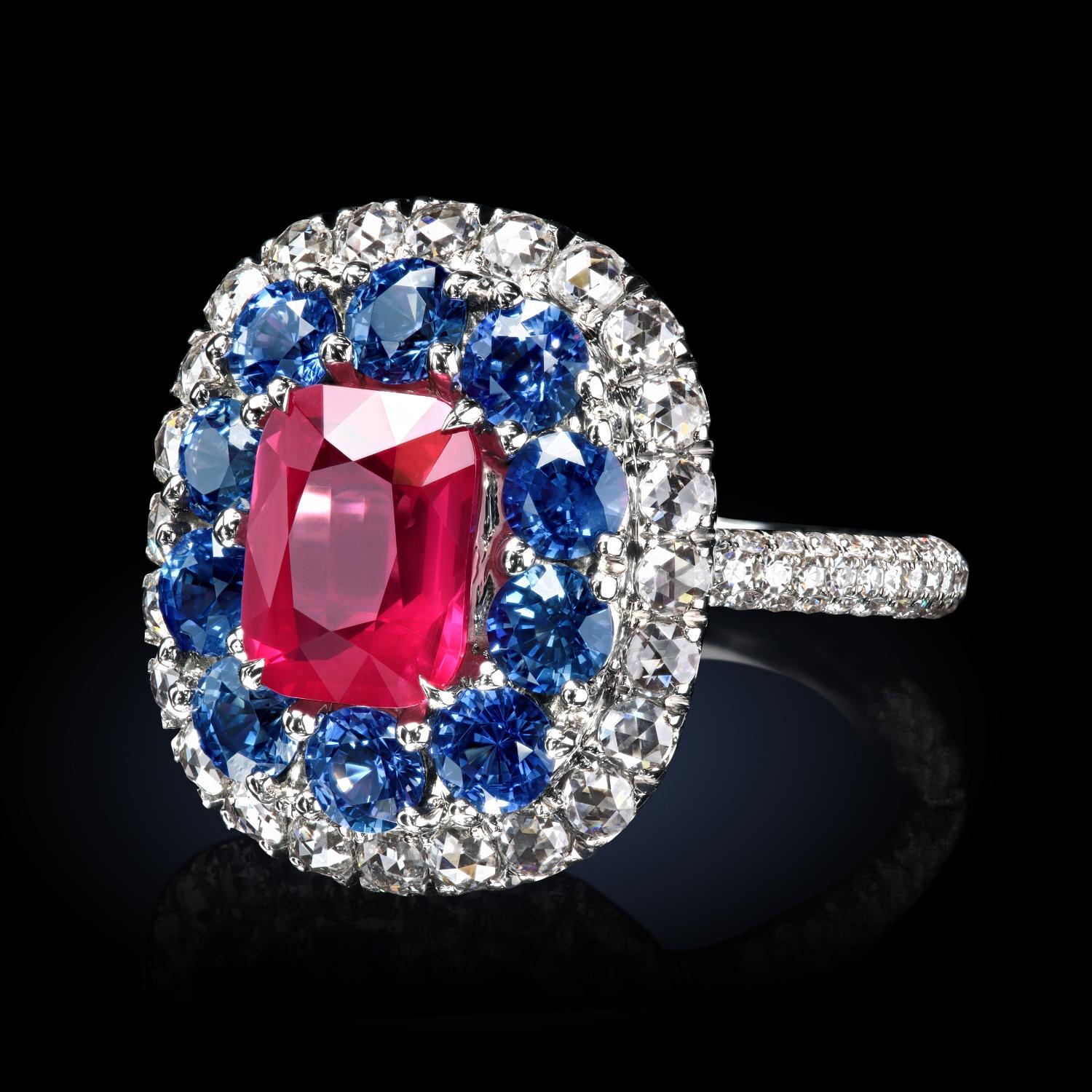 Contemporary Leon Mege Ring with Natural Strawberry Spinel, Diamonds and Sapphires For Sale