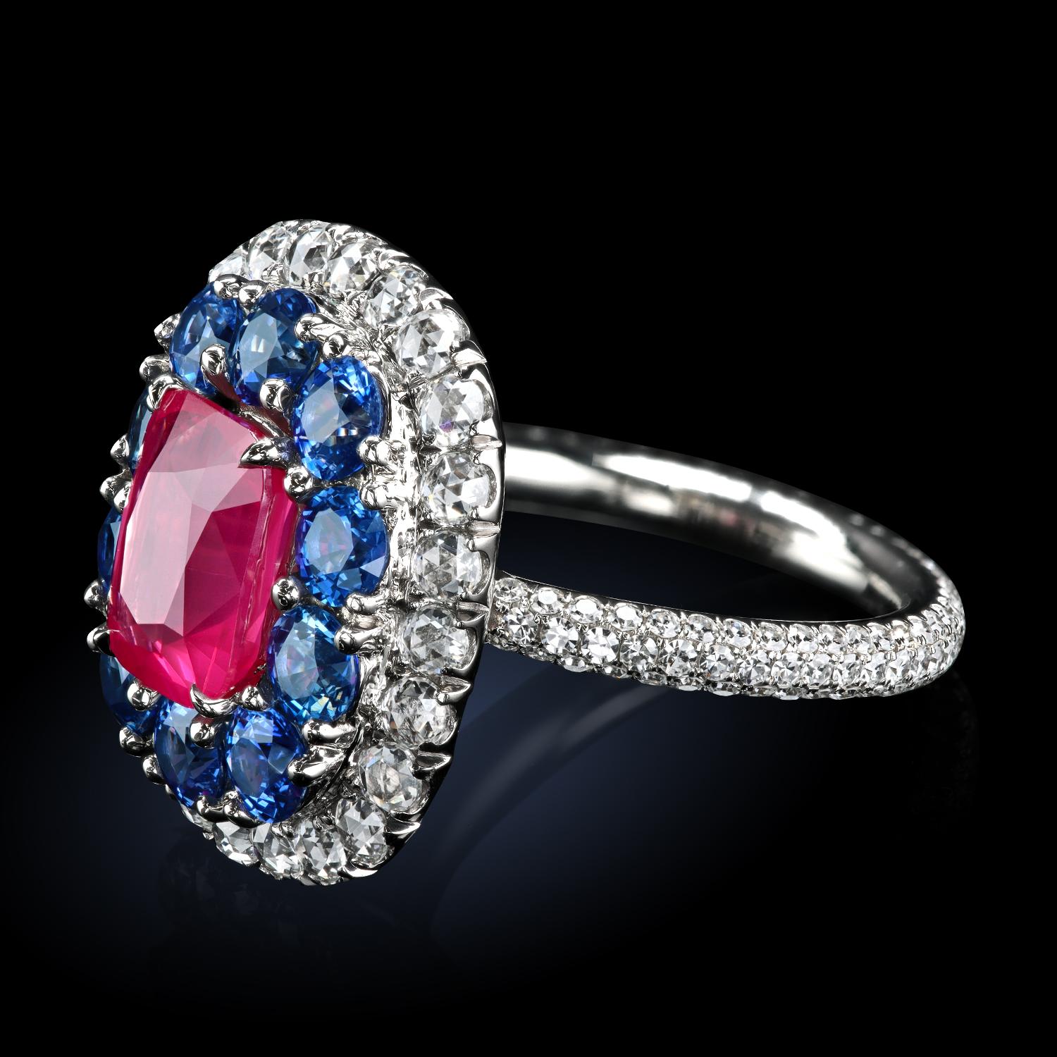 Cushion Cut Leon Mege Ring with Natural Strawberry Spinel, Diamonds and Sapphires For Sale