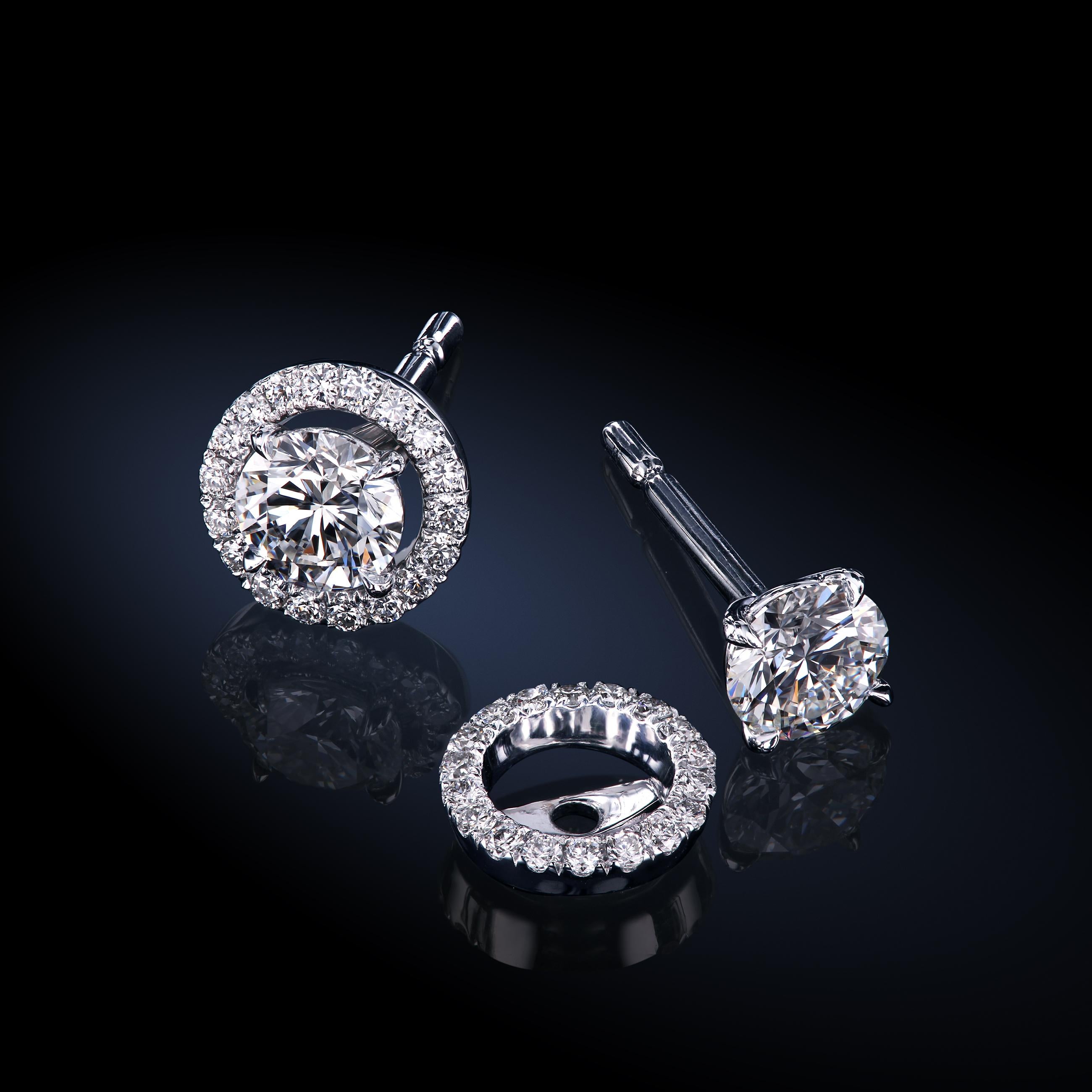 Leon Mege classic four-prong martini studs are as much a visual pleasure as a tactile experience. 
The all-platinum studs are bench-made in the US entirely by hand. The studs have a total of 0.81 carats of F/VS diamonds. 
Each center stone is 4.3 mm