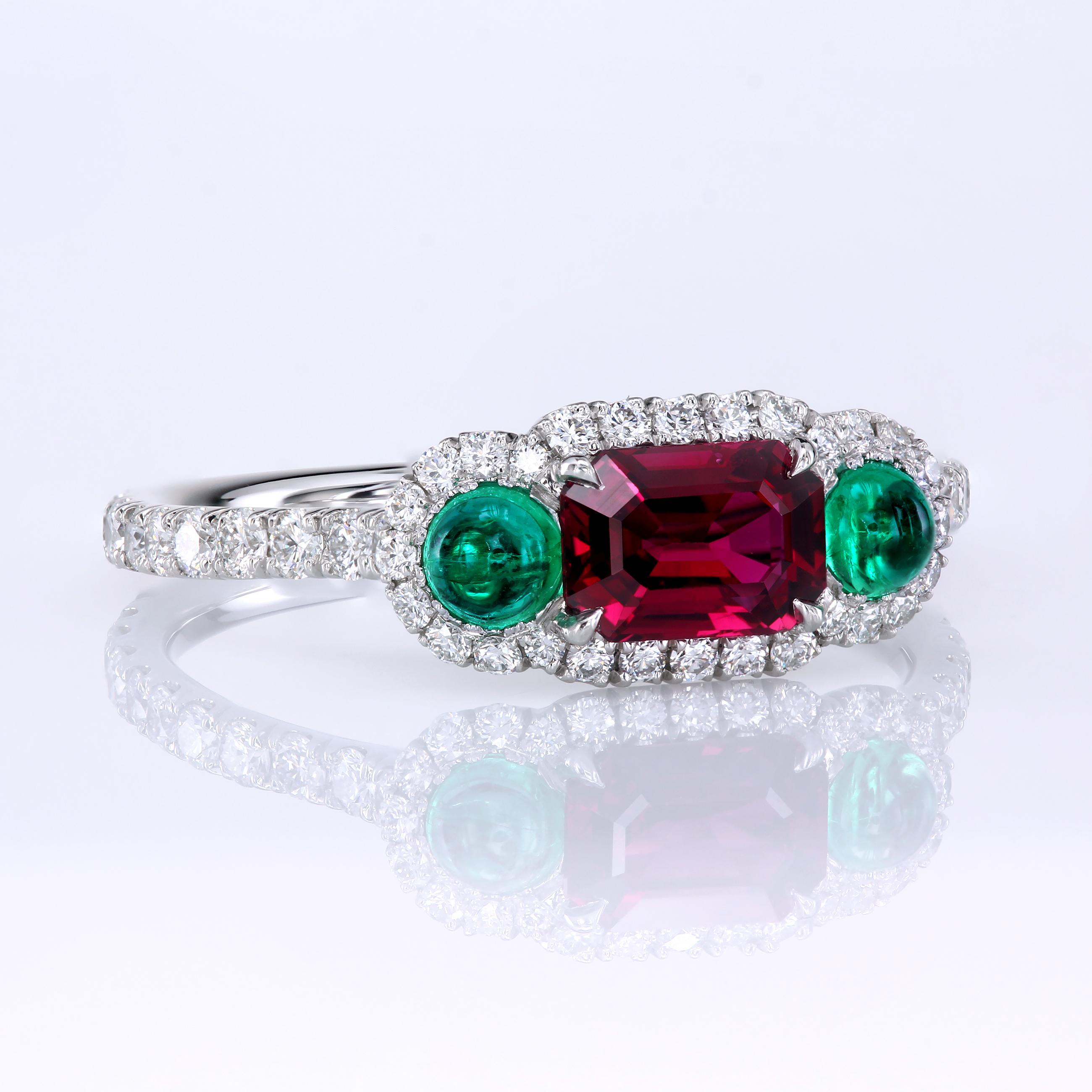 Contemporary Leon Mege Ruby and Cab Emeralds in Micro Pave Platinum Bespoke Right-Hand Ring