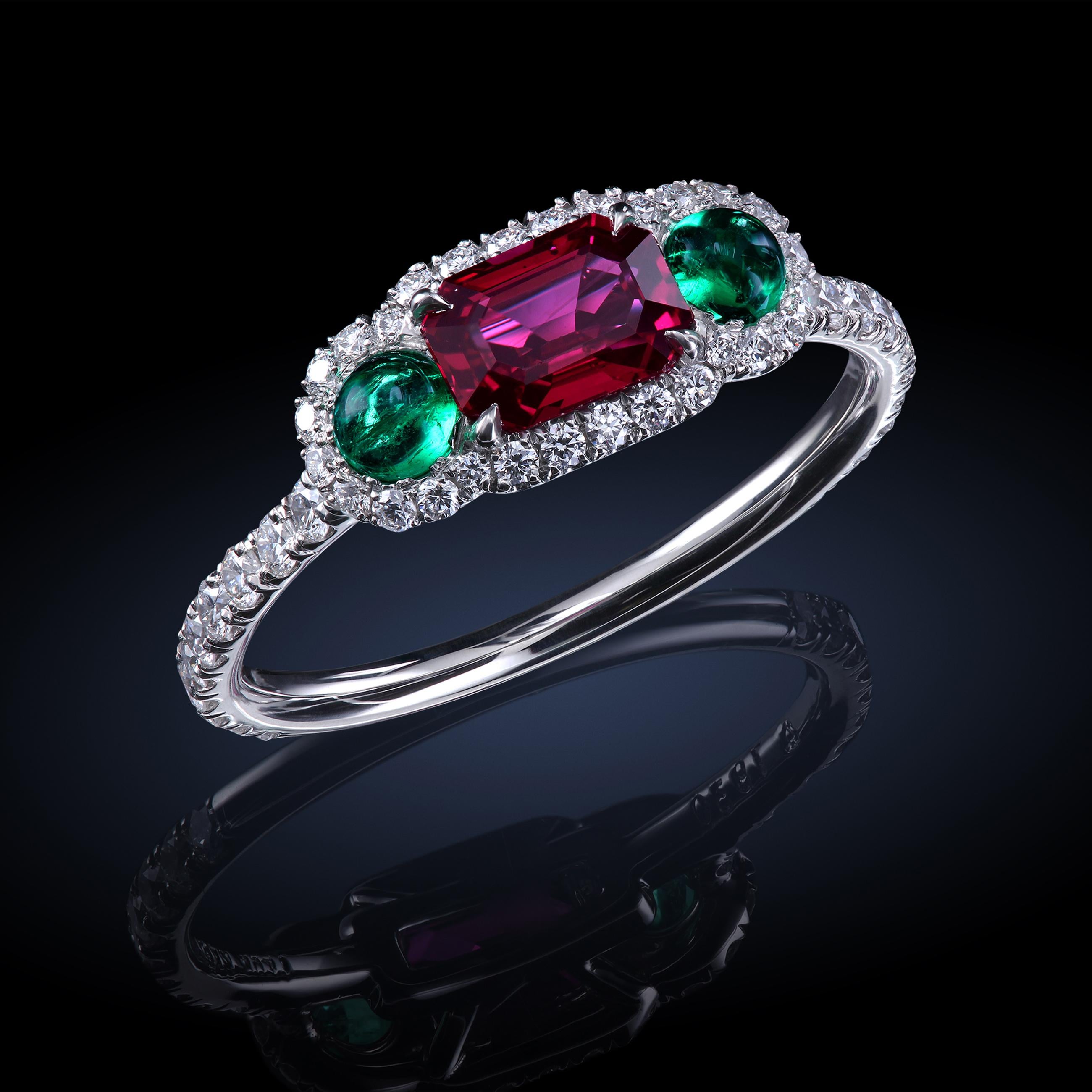 Emerald Cut Leon Mege Ruby and Cab Emeralds in Micro Pave Platinum Bespoke Right-Hand Ring