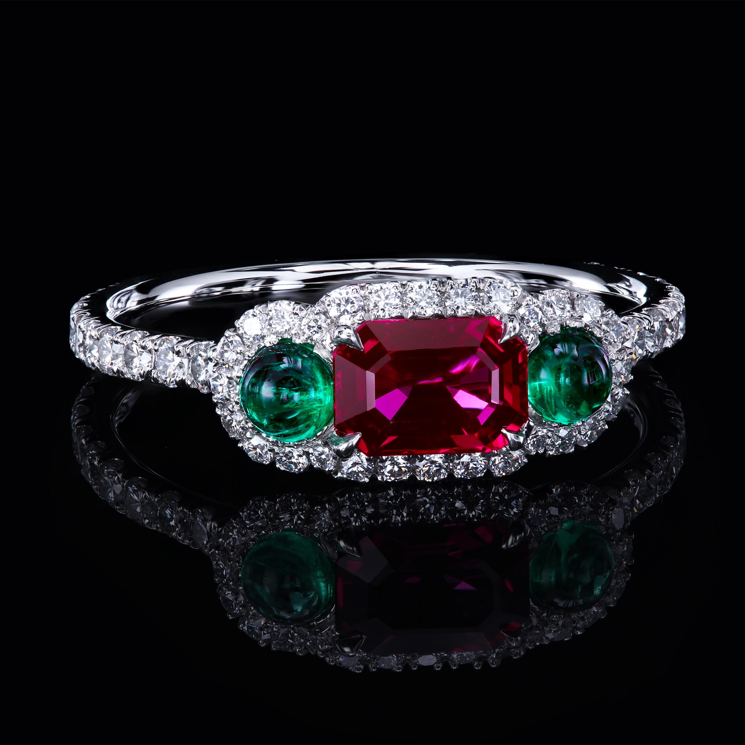 Leon Mege Ruby and Cab Emeralds in Micro Pave Platinum Bespoke Right-Hand Ring In New Condition In New York, NY