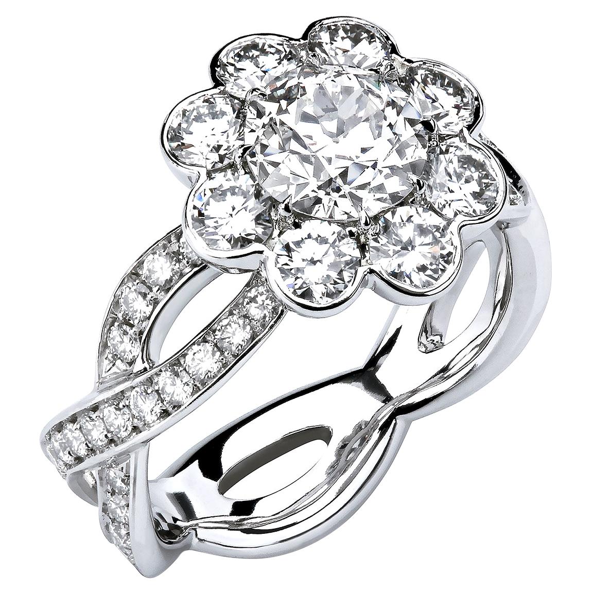 Leon Mege Scalloped Halo Ring with Old European Cut Diamond in Platinum For Sale