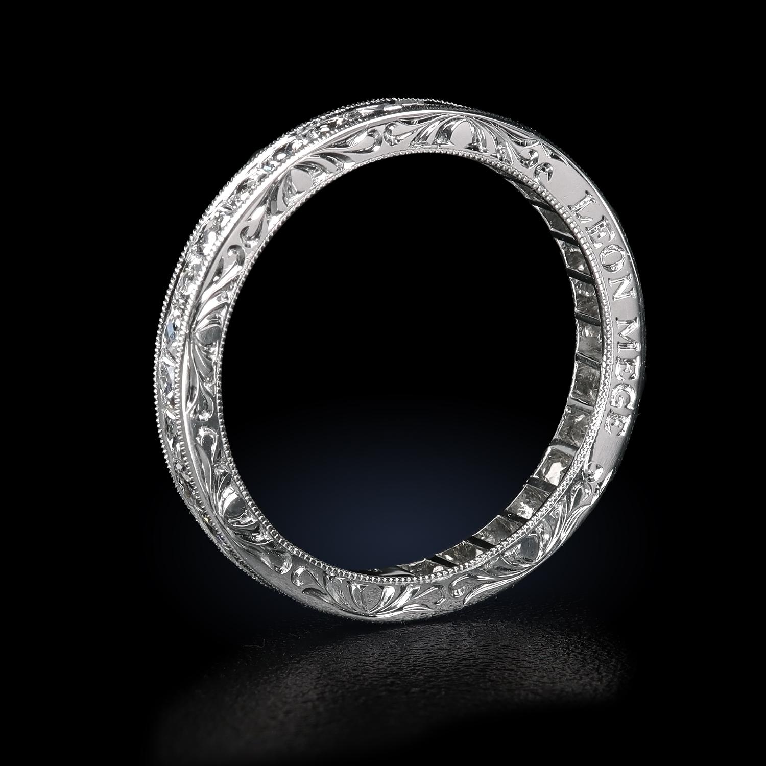 Art Déco Leon Mege True Antique French diamond cut eternity wedding band con incisione. in vendita
