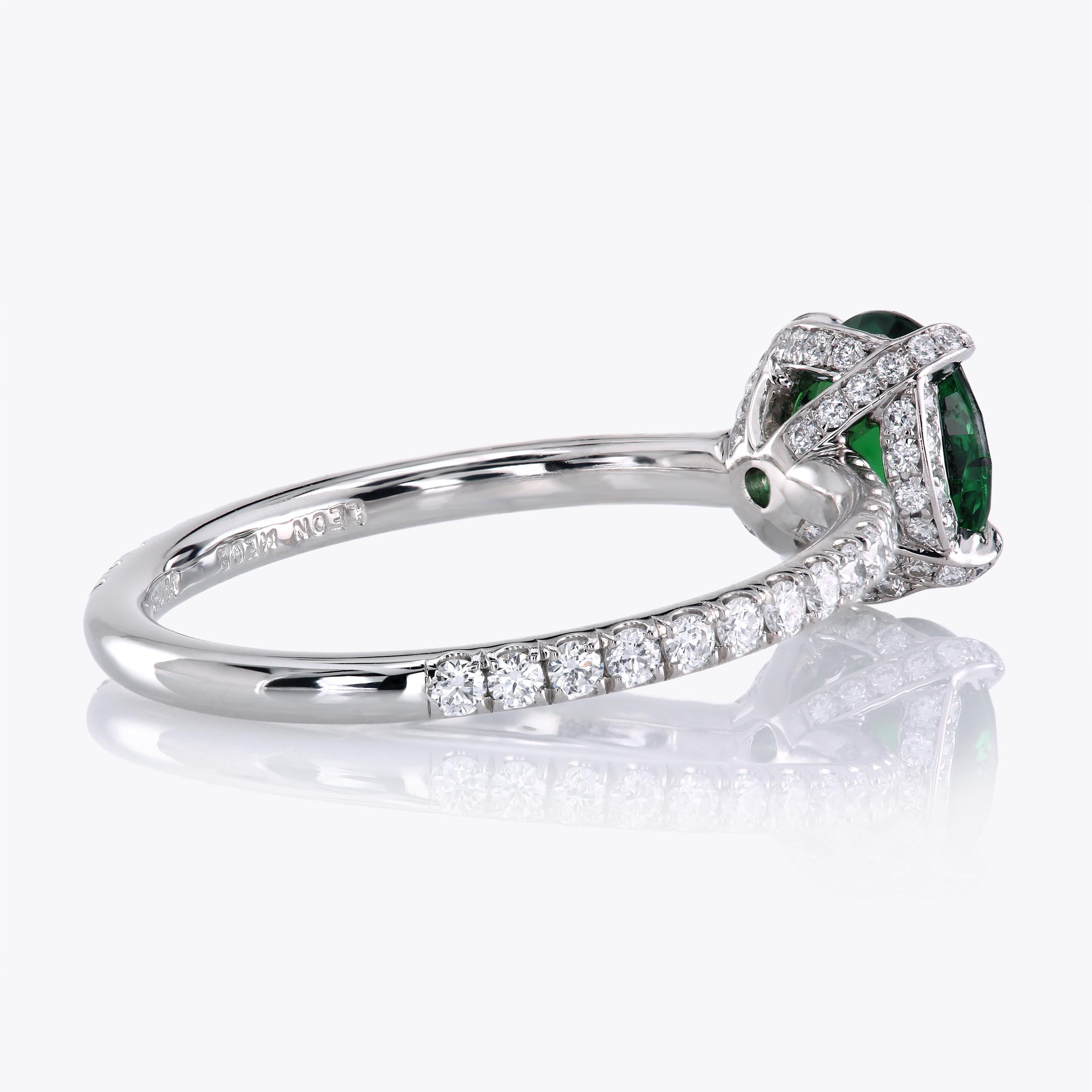 Leon Mege Vivid Round Green Tsavorite Garnet in Micro Pave Platinum Ring In New Condition For Sale In New York, NY