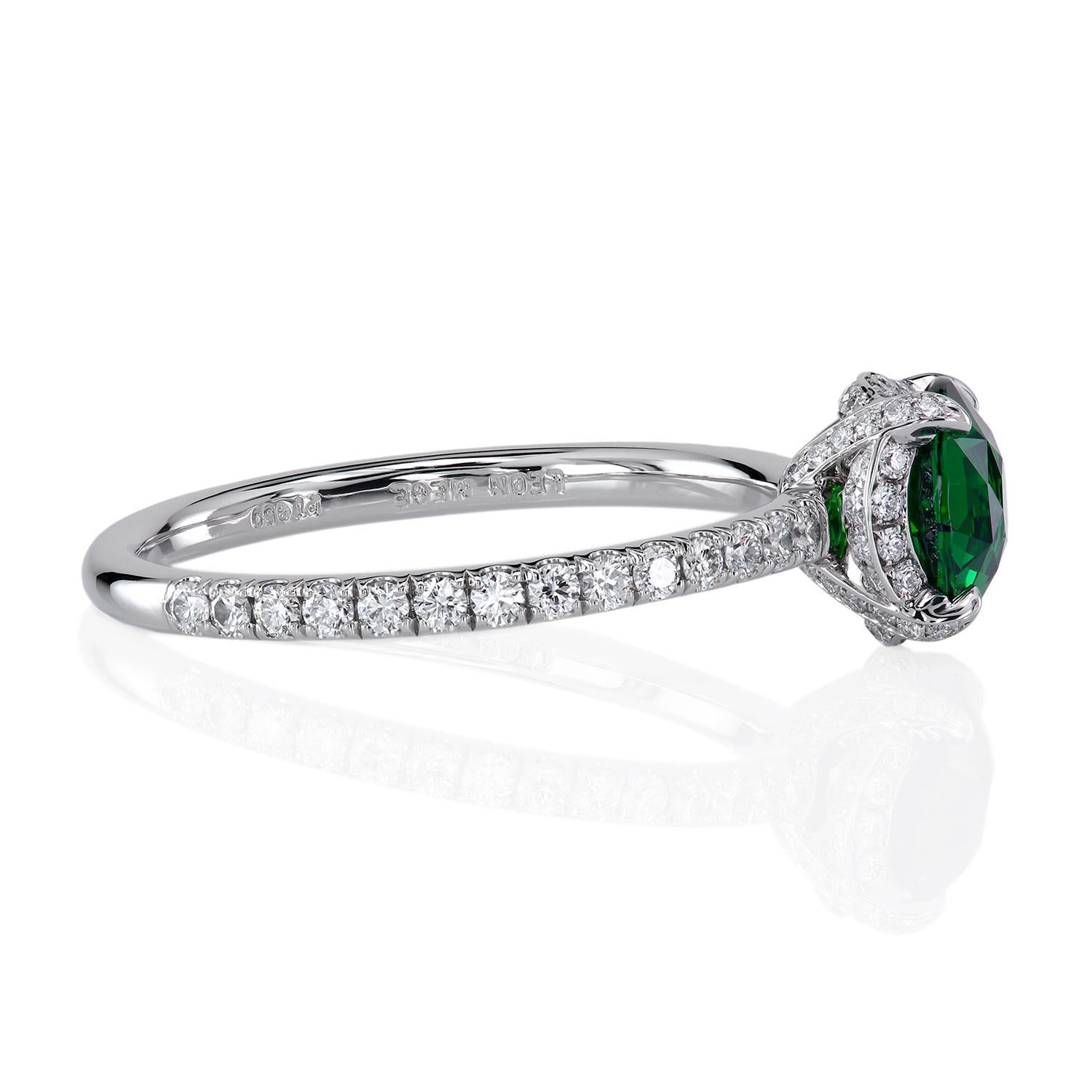 Women's Leon Mege Vivid Round Green Tsavorite Garnet in Micro Pave Platinum Ring For Sale