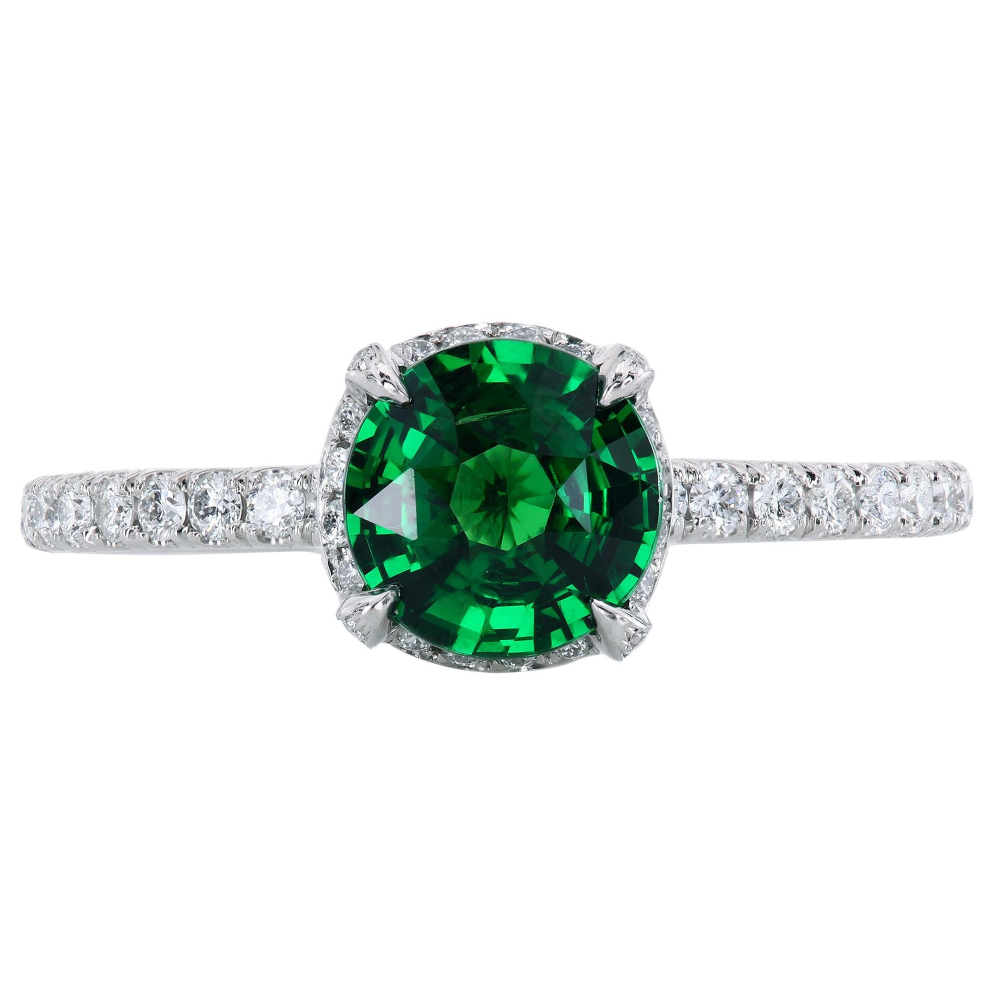 Leon Mege Vivid Round Green Tsavorite Garnet in Micro Pave Platinum Ring For Sale