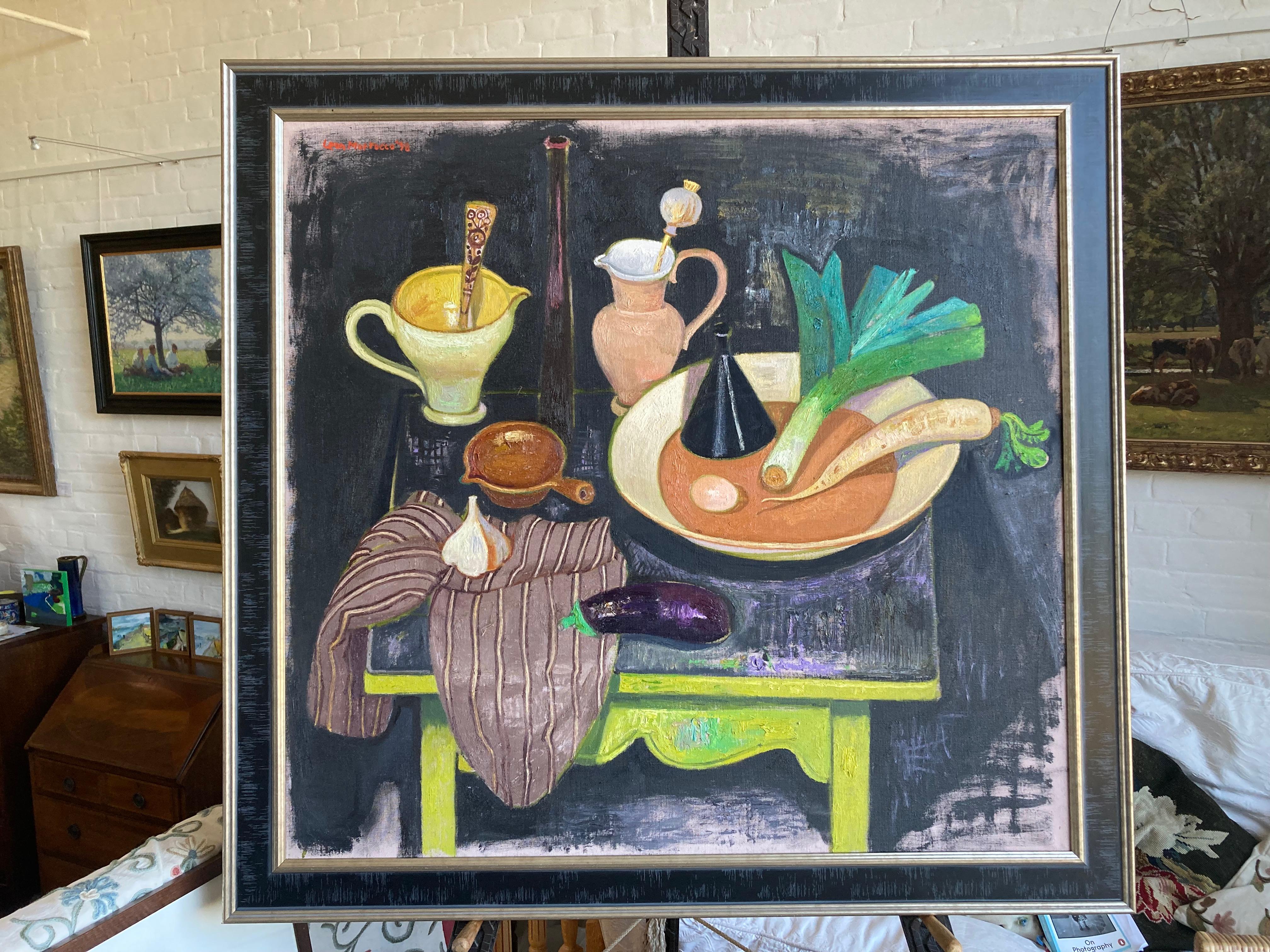 A large, very striking still life by one of the great figures in Scottish painting.

Leon Morrocco (born 1942)
A still life with vegetables, jugs and ceramics on a table
Signed and dated 1998
Oil on canvas
34 x 36, excluding the frame
39 x 41 with