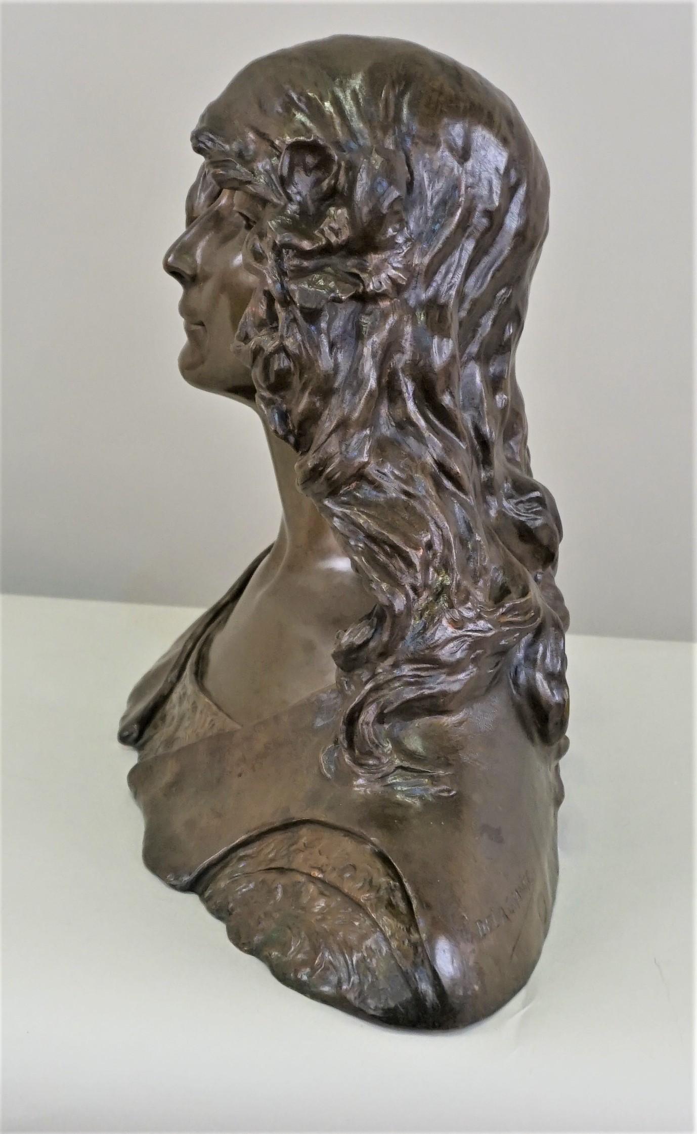 Leon Noel Delagrange French Bronze Bust of a Young Art Nouveau Woman For Sale 1