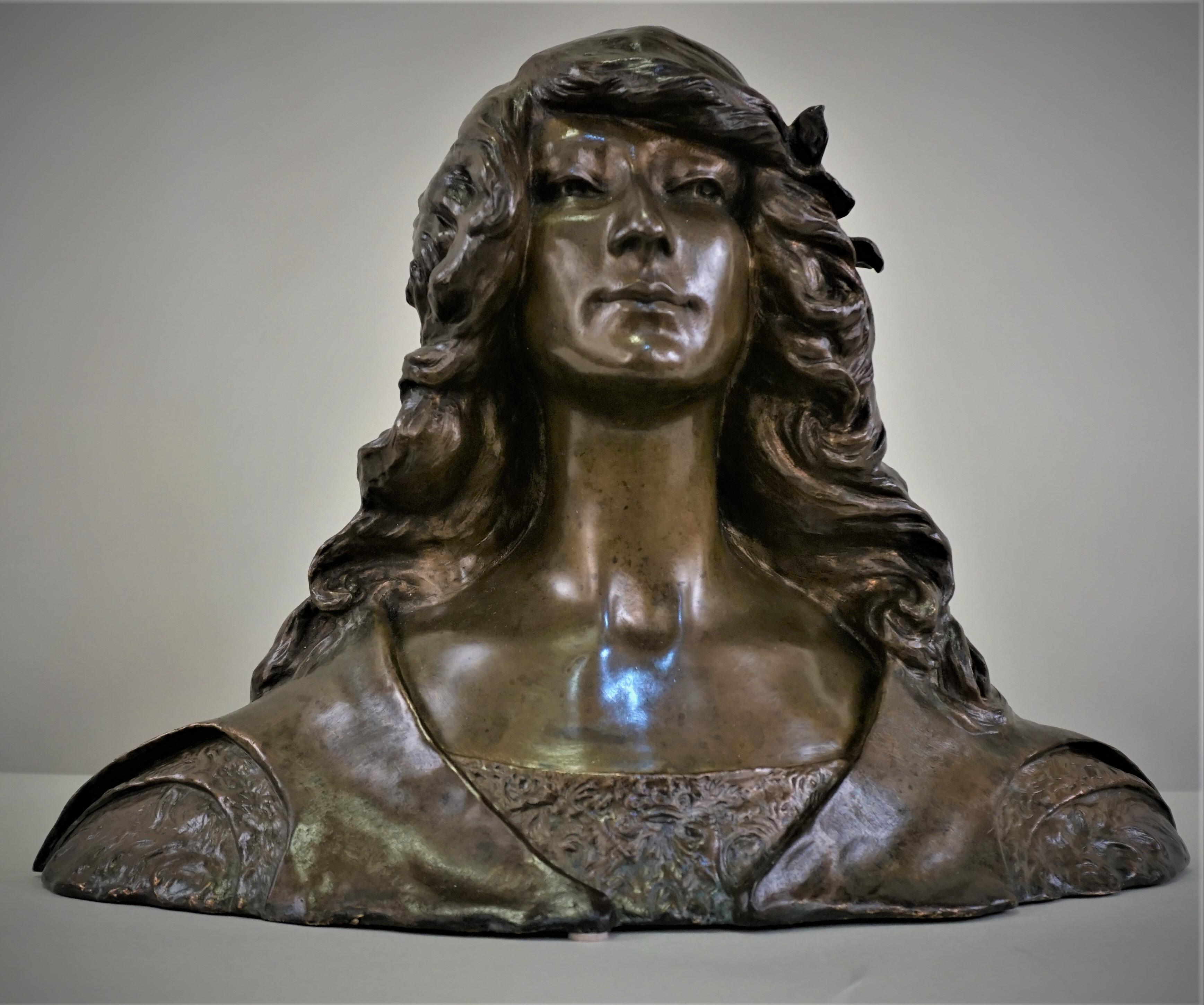 Bronzo Leon Noel Delagrange Busto francese in bronzo di una giovane donna Art Nouveau