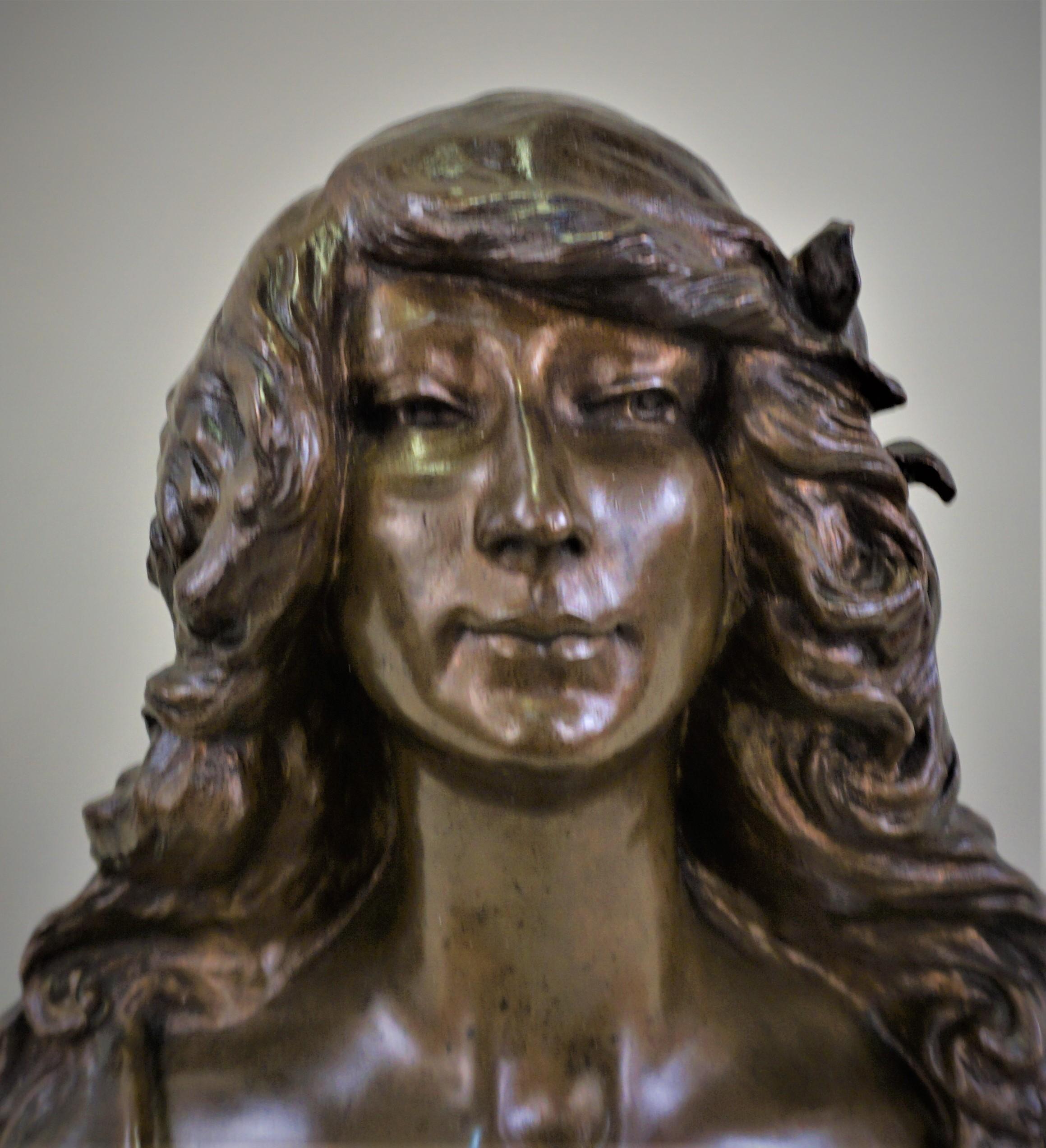 Early 20th Century Leon Noel Delagrange French Bronze Bust of a Young Art Nouveau Woman For Sale