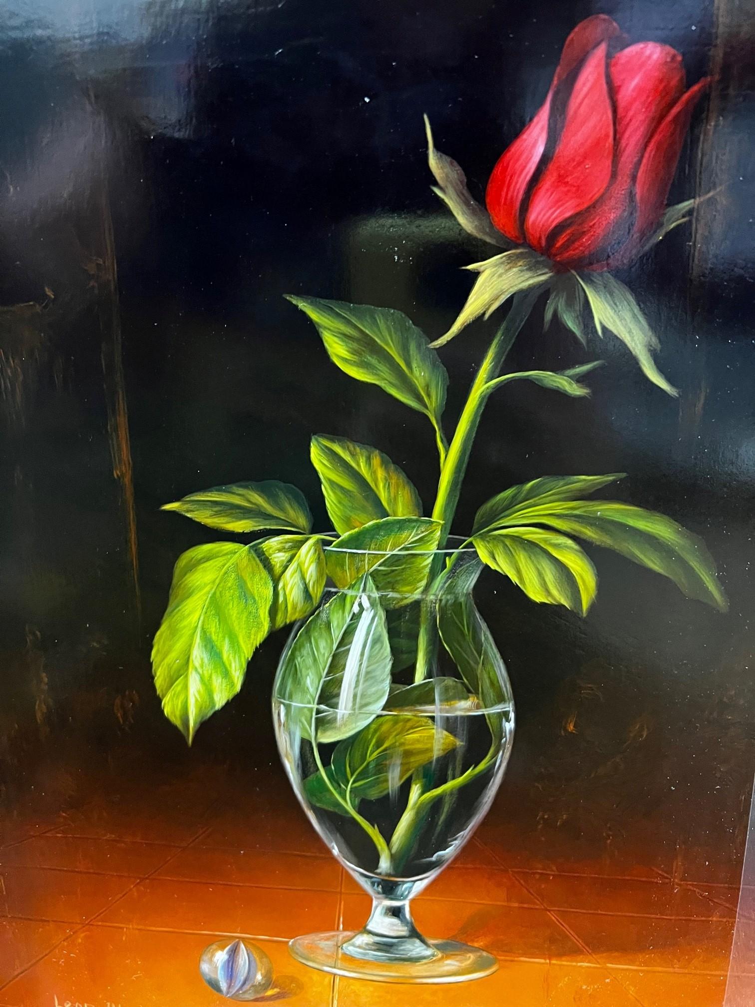 Rose in Glass with Marble - Painting by Leon Olmo