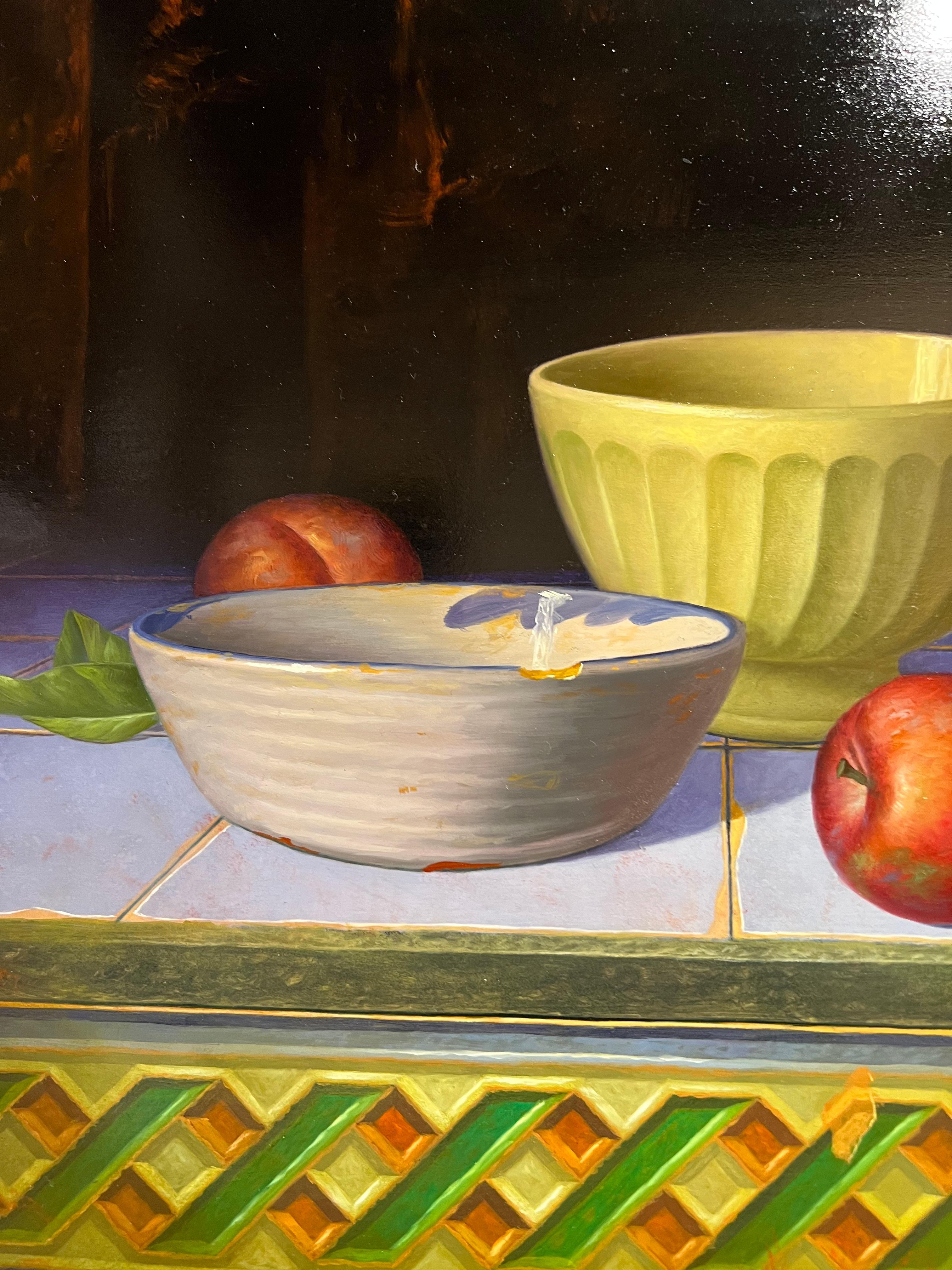 Still Life Bowls and Plums - Painting by Leon Olmo